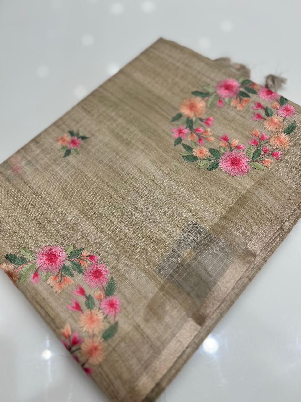 Linen tissue Saree- Chiku  shade Search code 4255