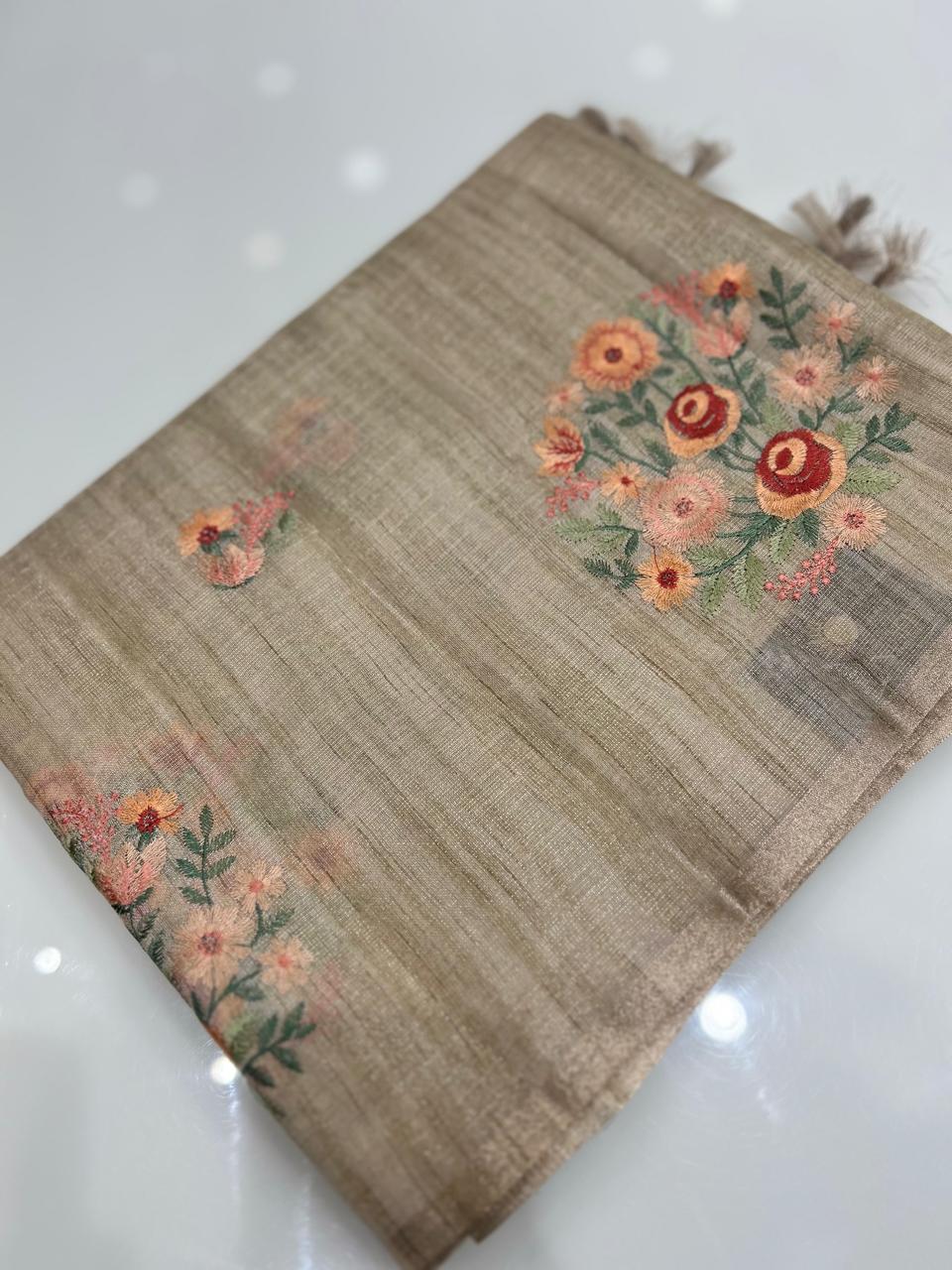 Linen tissue Saree- Chiku  shade Search code 4254