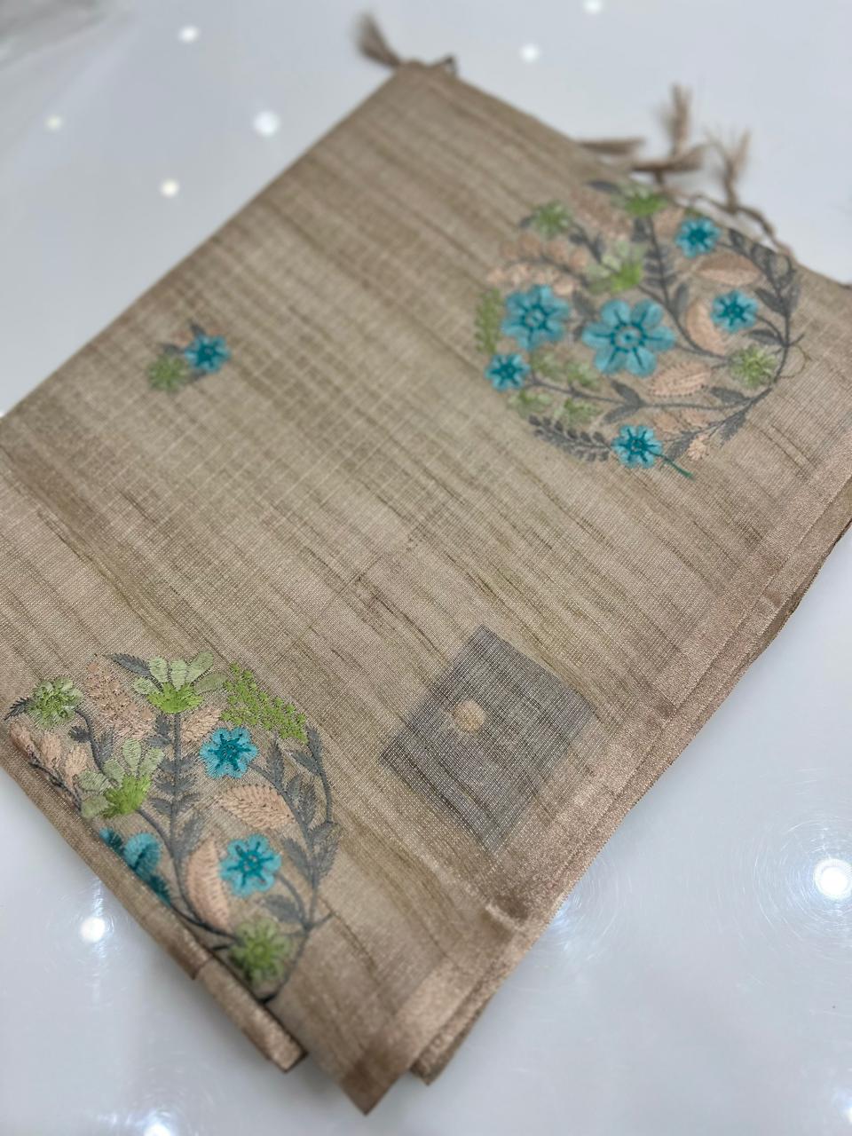 Linen tissue Saree- Chiku  shade Search code 4259