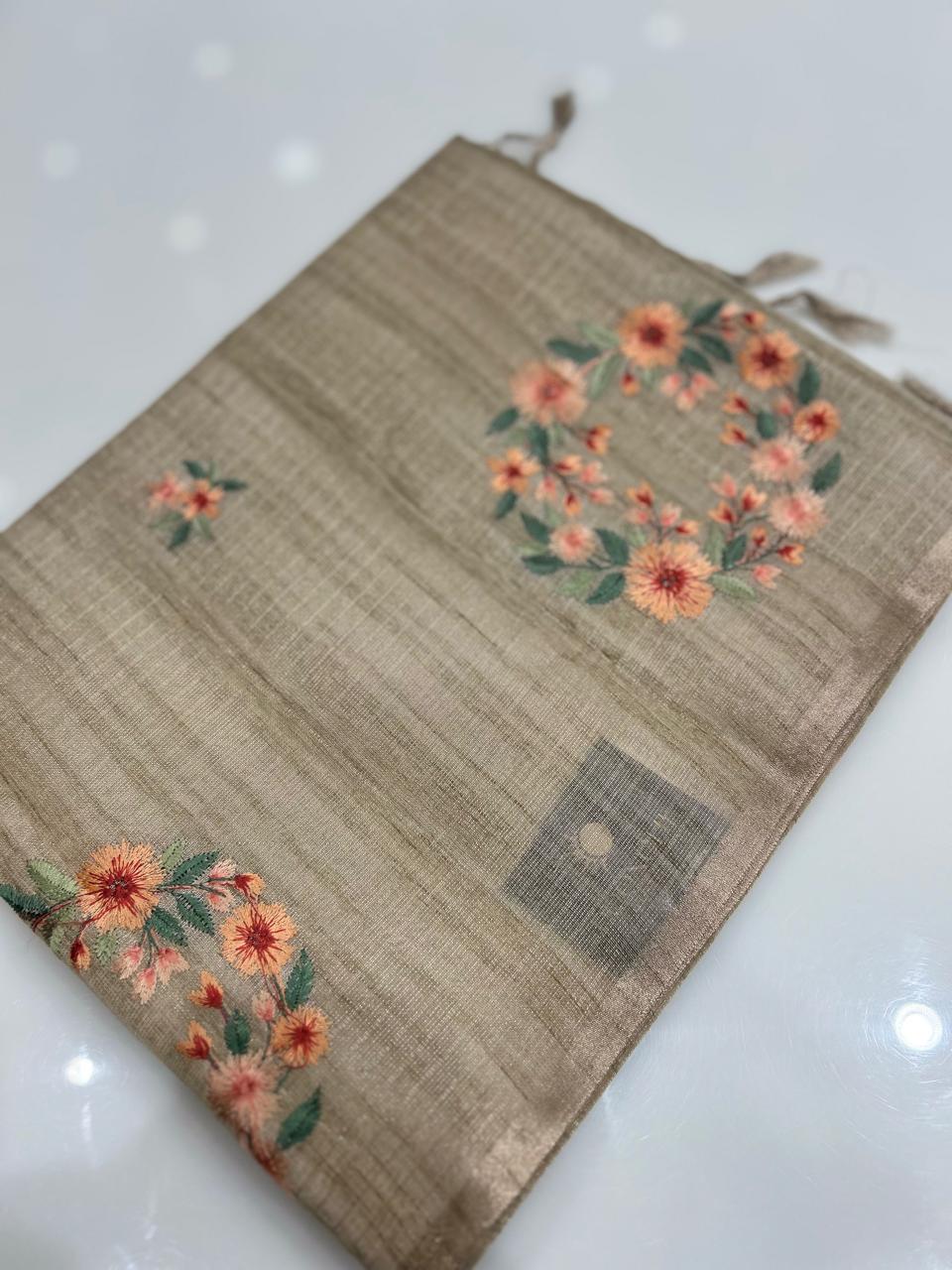 Linen tissue Saree- Chiku  shade Search code 4257