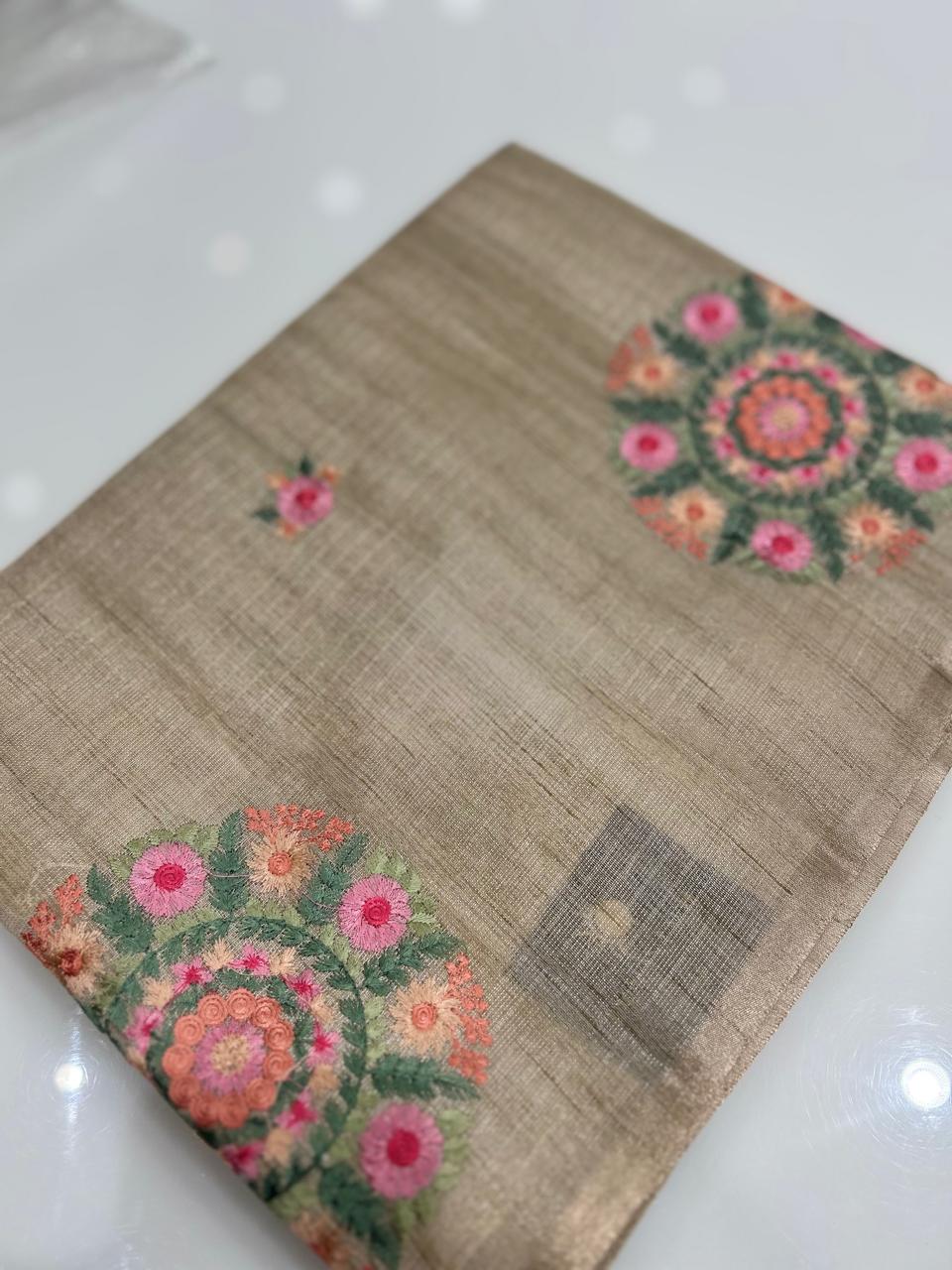 Linen tissue Saree- Chiku  shade Search code 4261