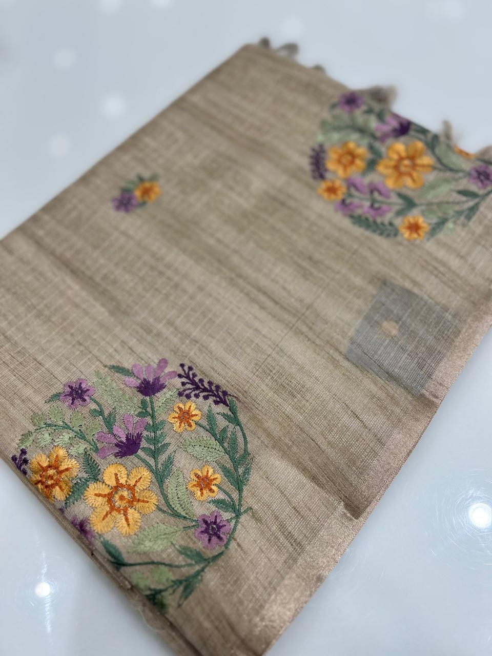 Linen tissue Saree- Chiku  shade Search code 4258