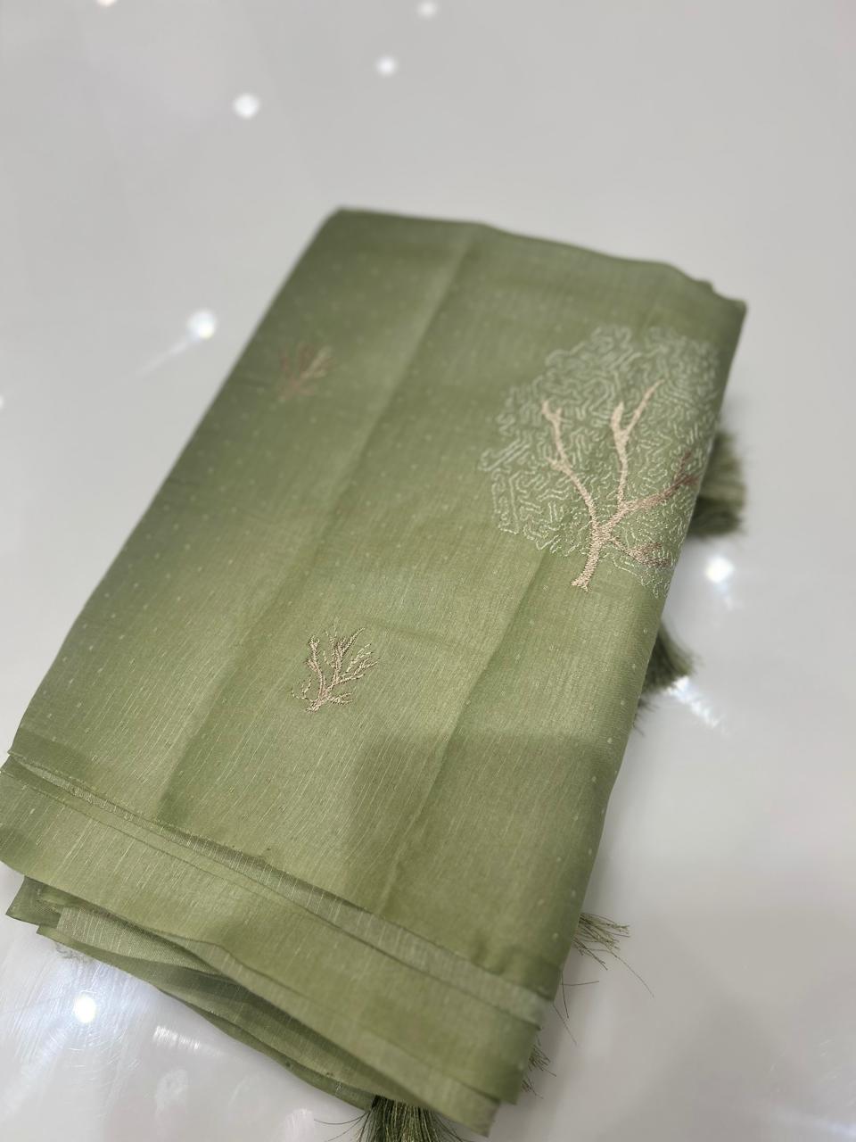 SATIN TUSSAR SAREE - Green  shade  color Search code 9400