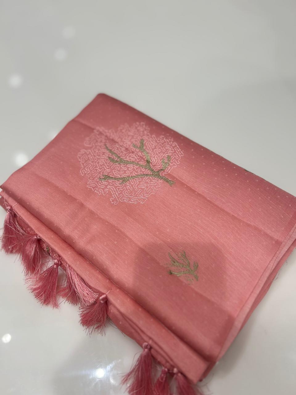 SATIN TUSSAR SAREE -Peach  shade  color Search code 9402