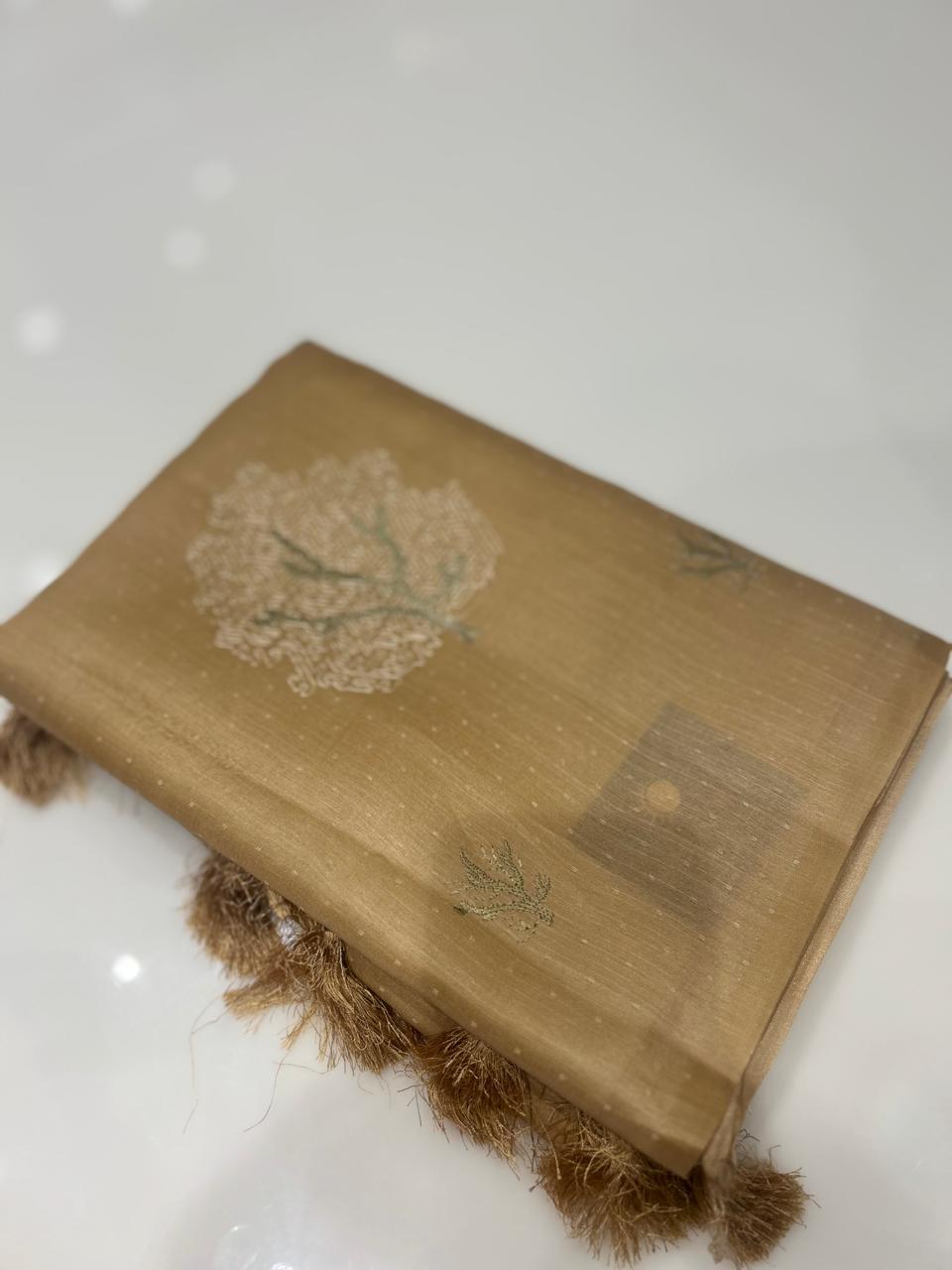 SATIN TUSSAR SAREE -sandal shade  color Search code 9403