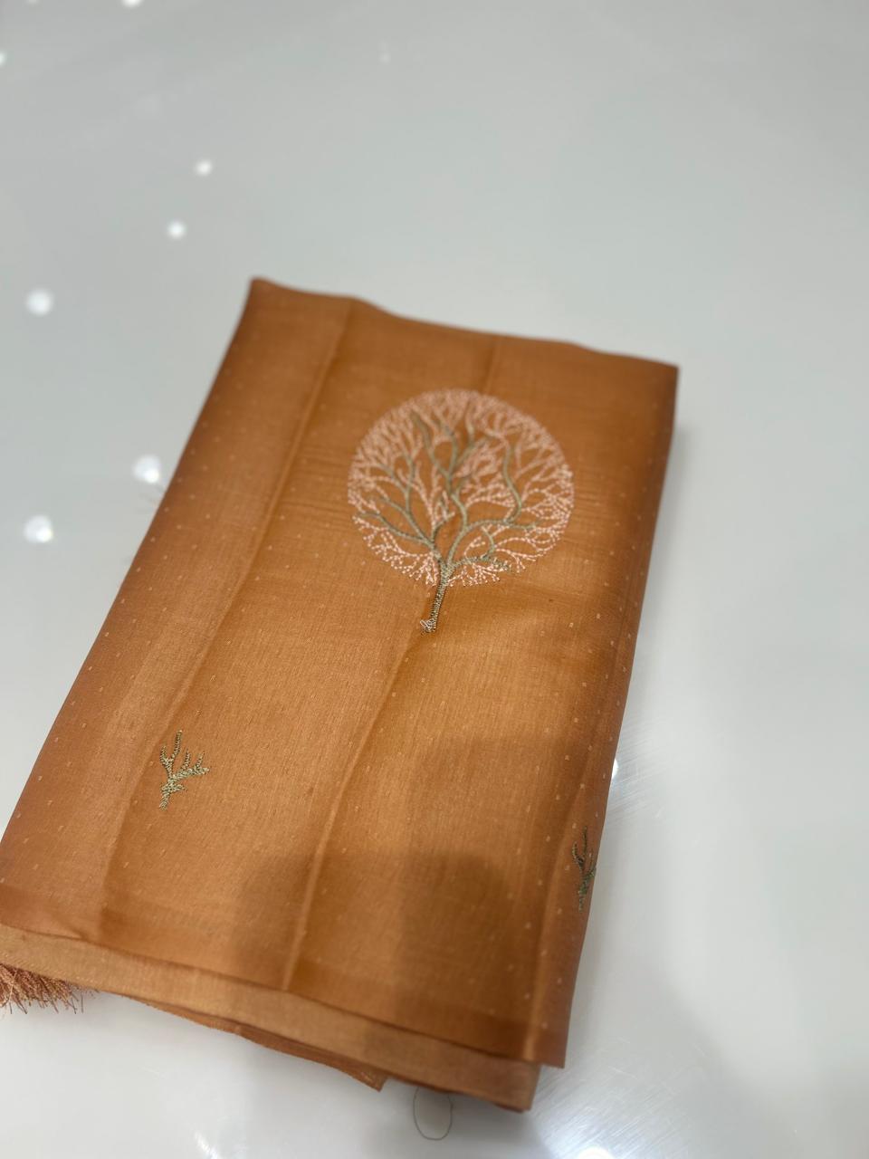 SATIN TUSSAR SAREE -Light brick shade  color Search code 9405