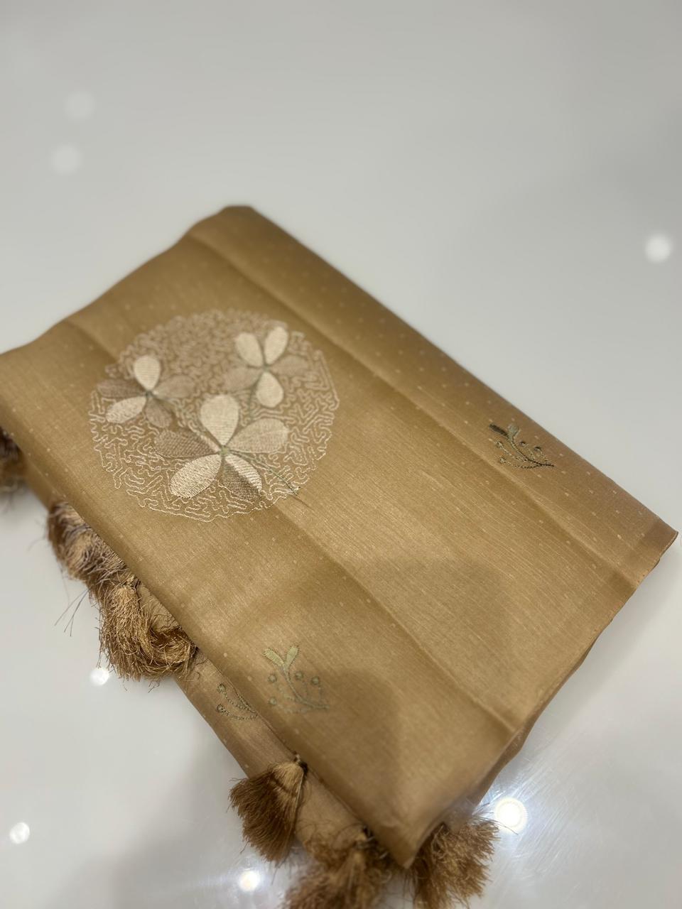 SATIN TUSSAR SAREE -Biscuit shade  color Search code 9407