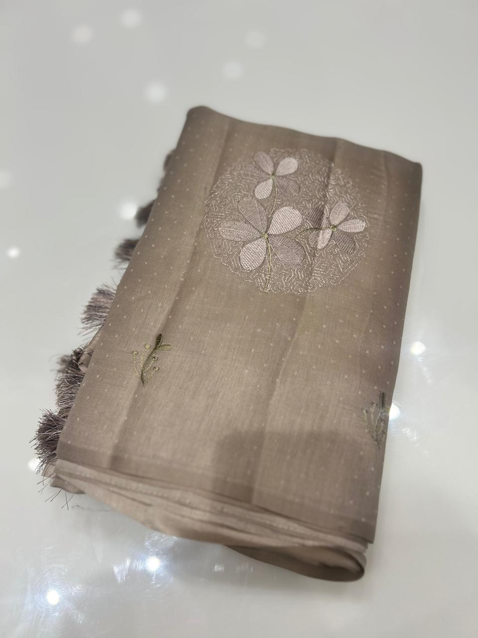 SATIN TUSSAR SAREE -Cement gray shade  color Search code 9408