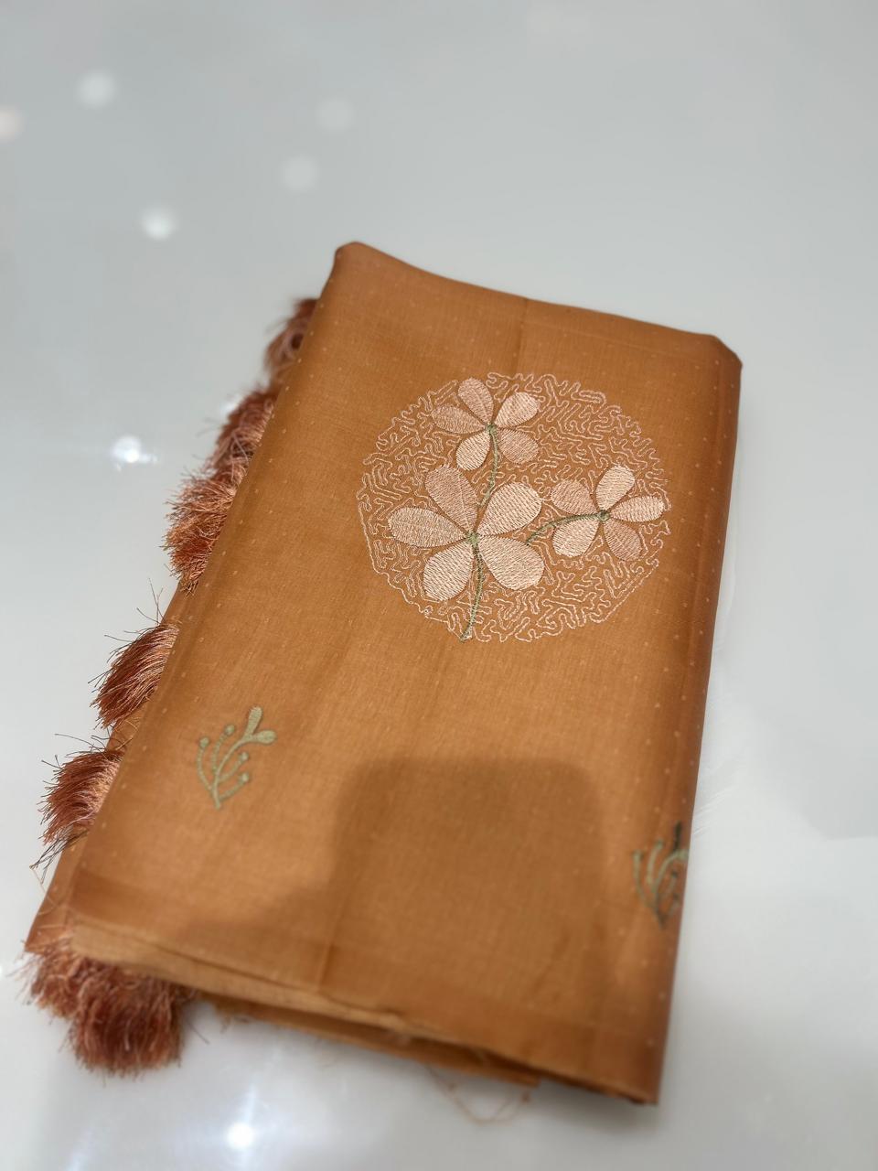 SATIN TUSSAR SAREE -Orange shade  color Search code 9410