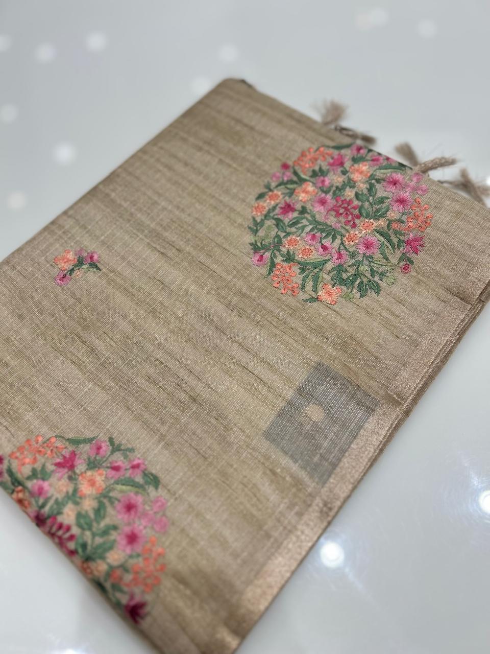 Linen tissue Saree- Chiku  shade Search code 4264