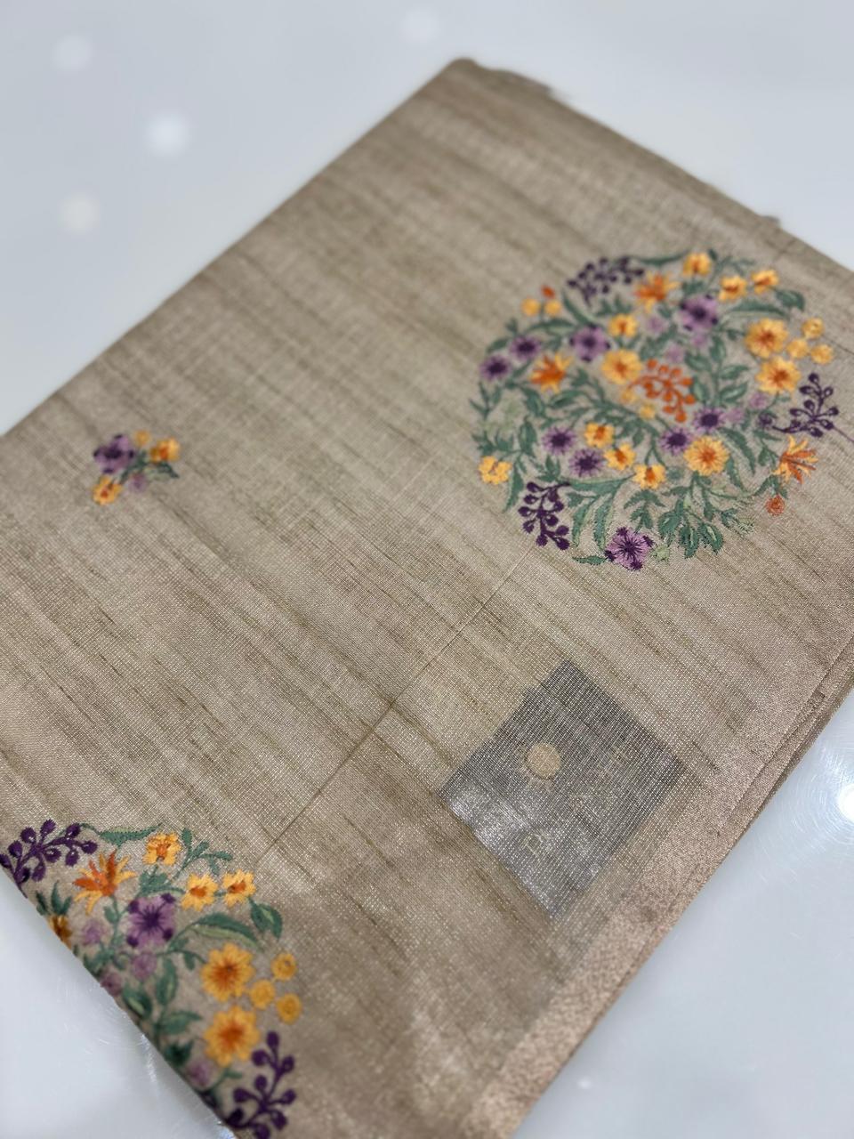 Linen tissue Saree- Chiku  shade Search code 4265