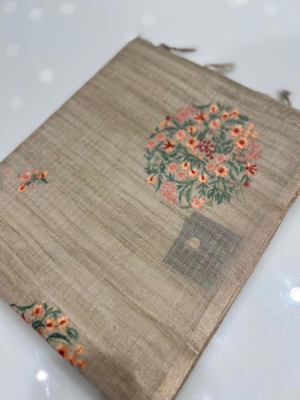 Linen tissue Saree- Chiku  shade Search code 4266