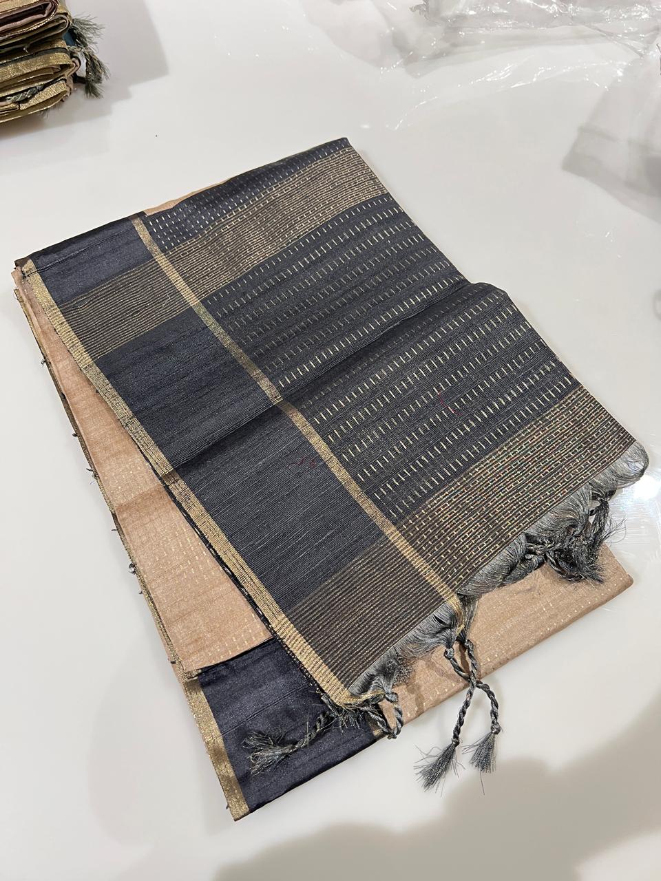 Semi Tussar Saree -Chiku to Cement gray  Color  search code 3812