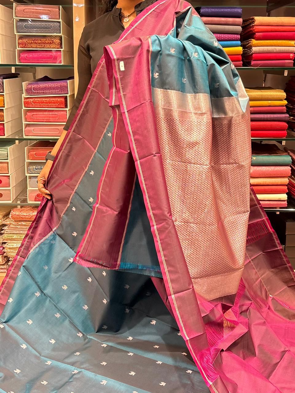 KANCHIPURAM SAREE-teal blue  shade Search code6570