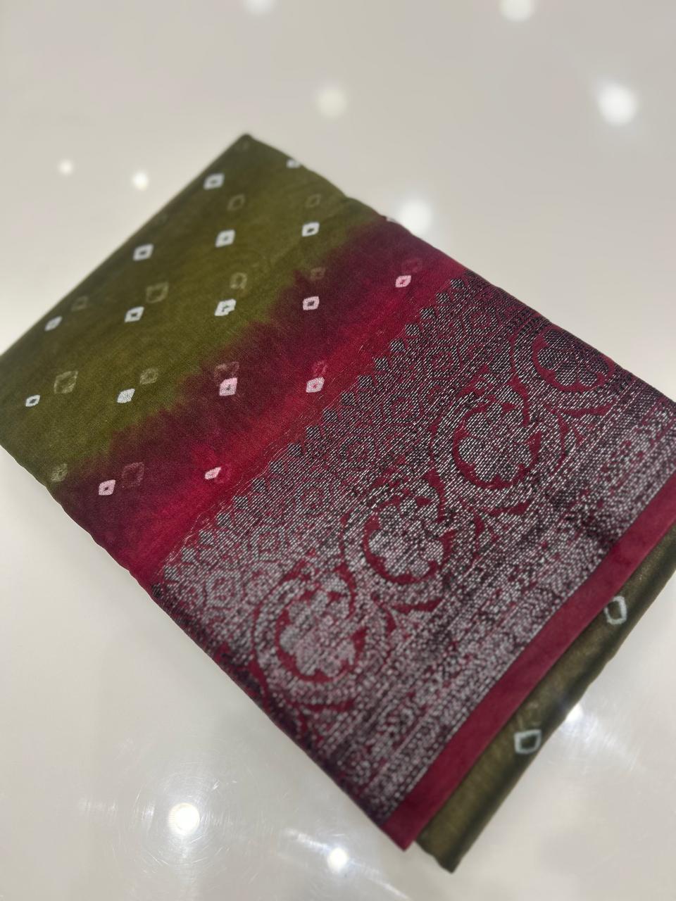 Banarasi sarees - Olive green to Maroon   shade  color Search code 3910