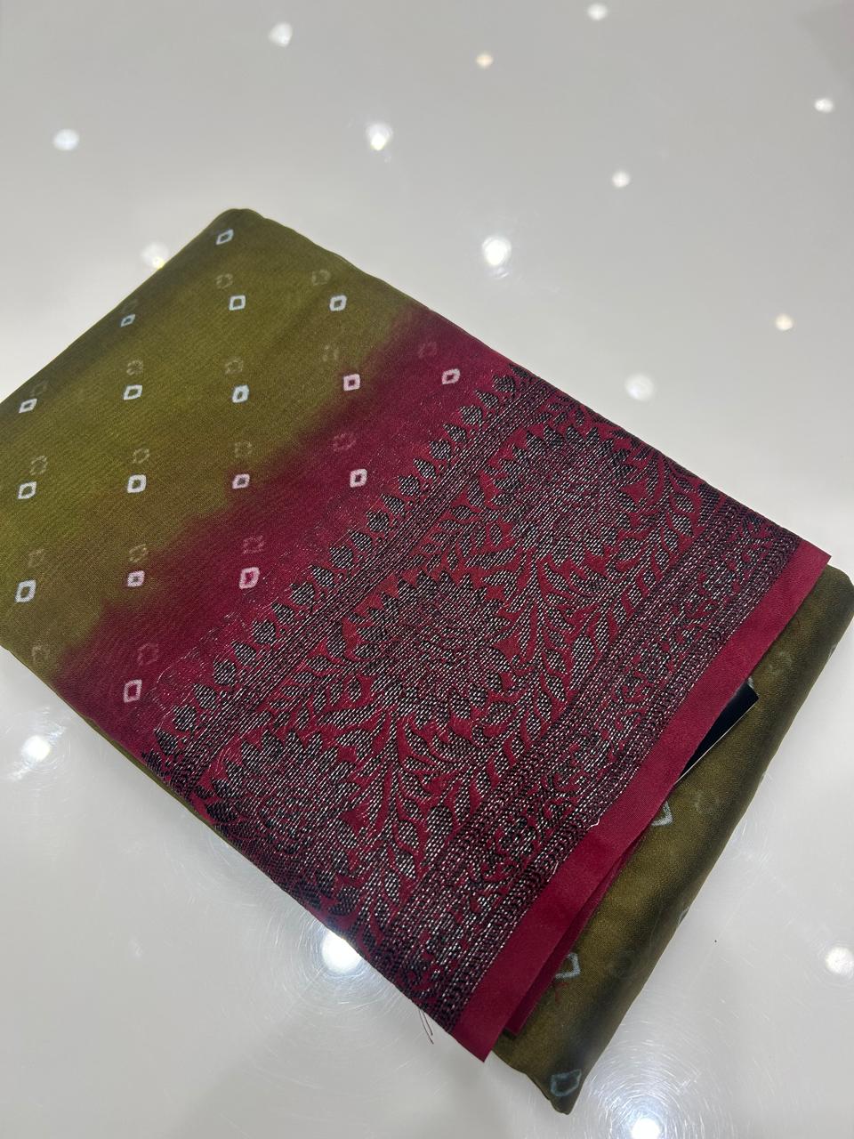 Banarasi sarees - Olive green to Maroon   shade  color Search code 3911