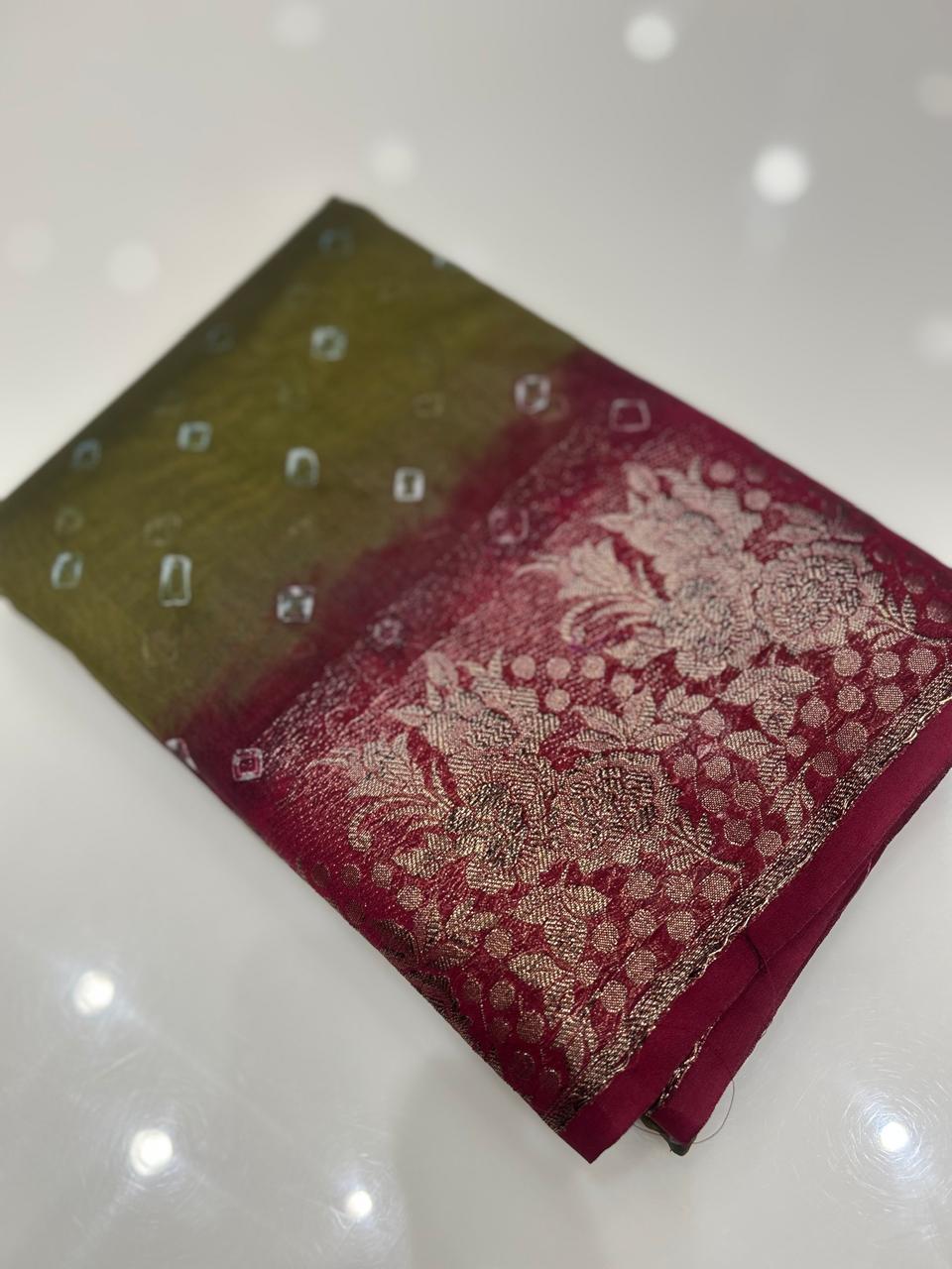Banarasi sarees -Olive green to Maroon  shade  color Search code 3927