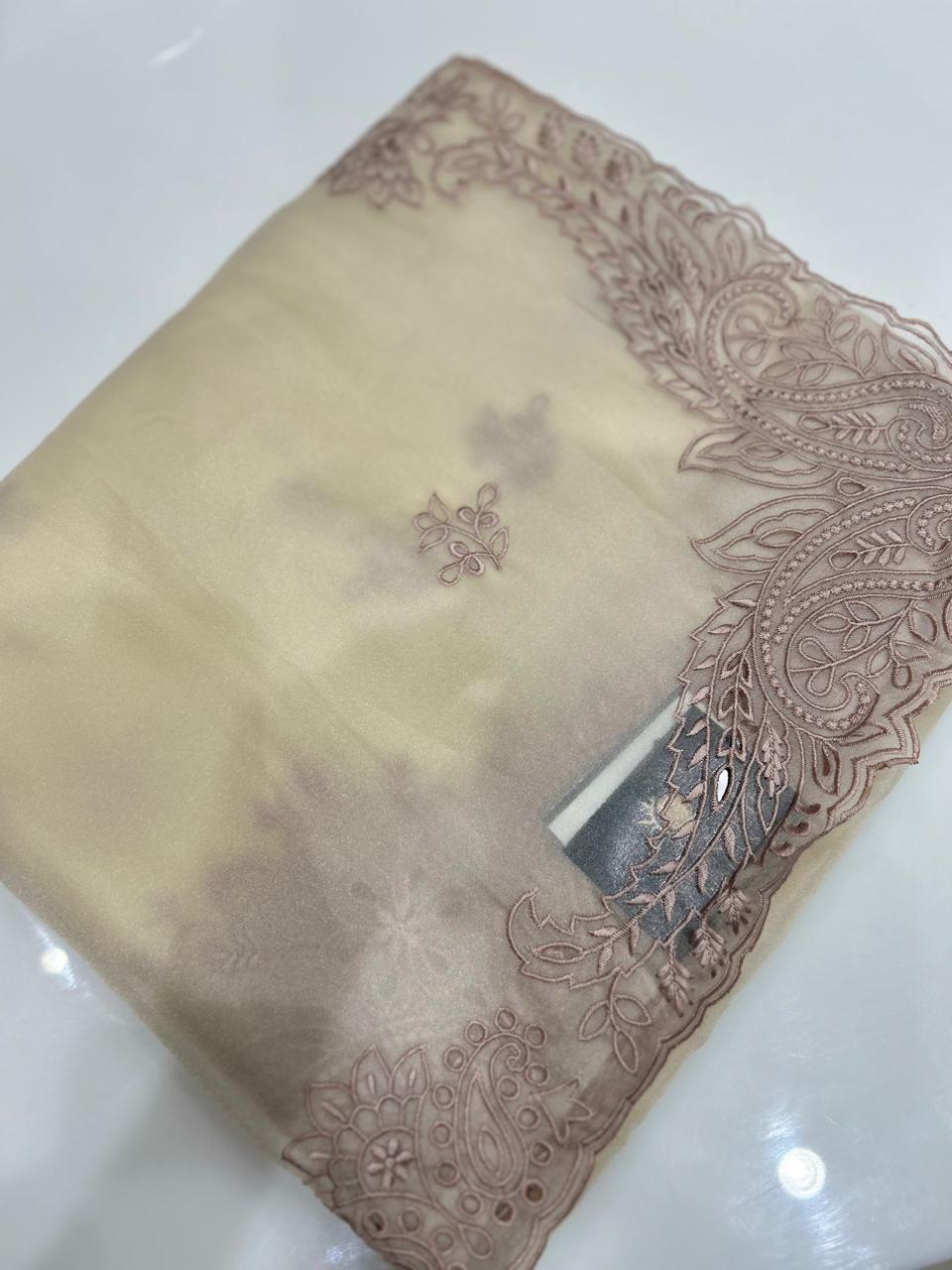 Satin organza Saree   -Cream  color Search code 9240