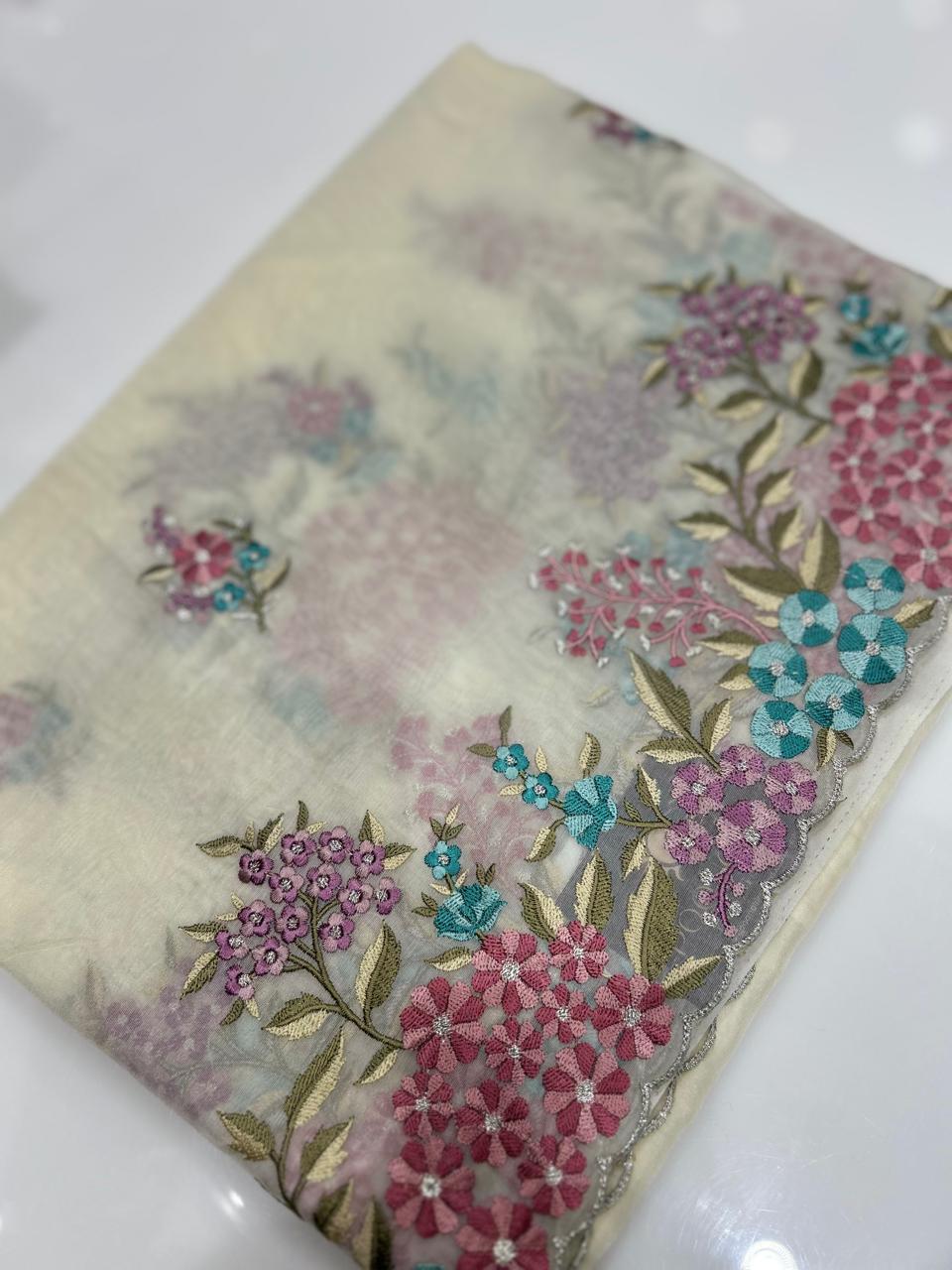 Satin organza Saree   -Cream color Search code 9244