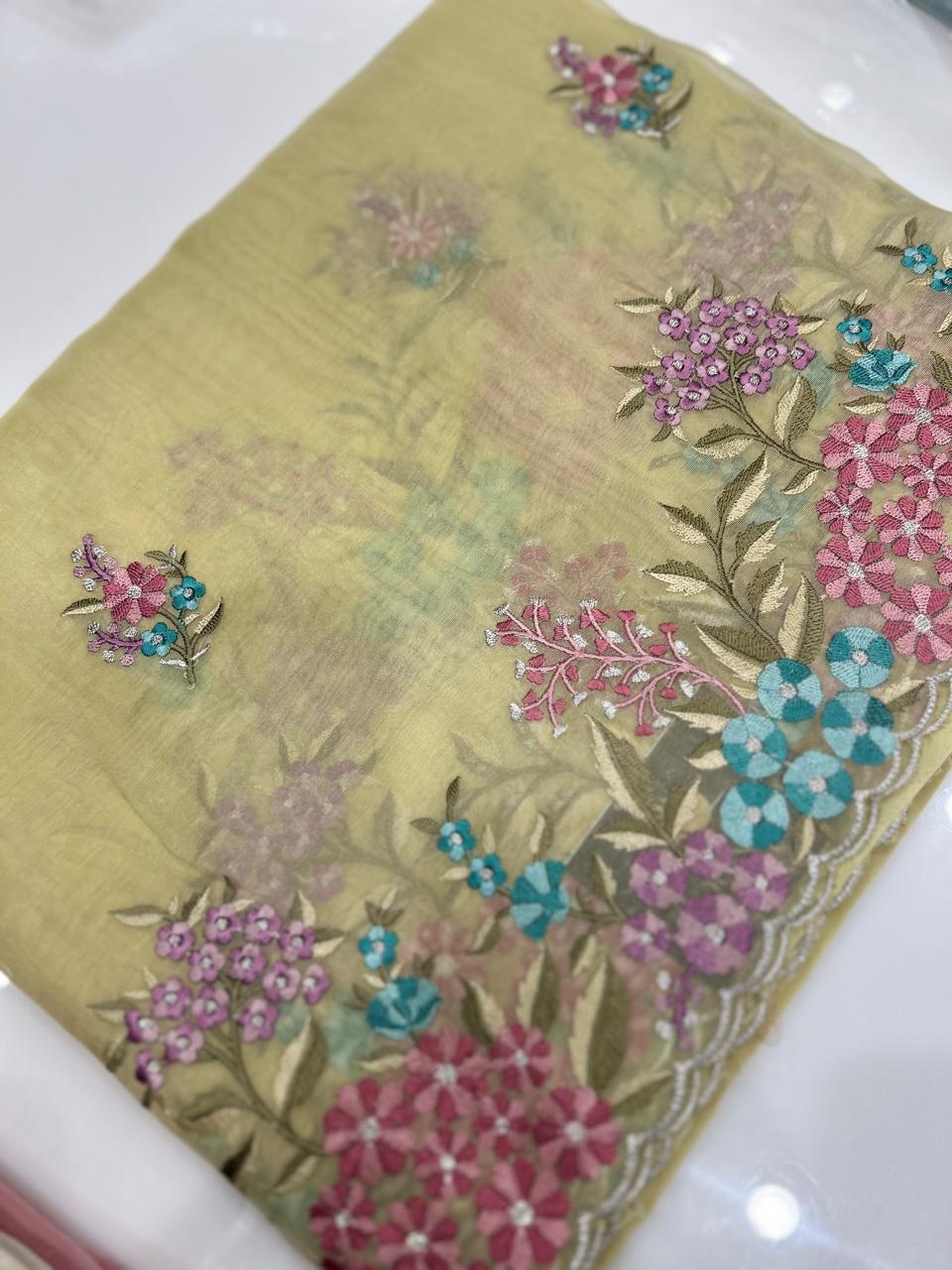 Satin organza Saree   -Yellow color Search code 9245