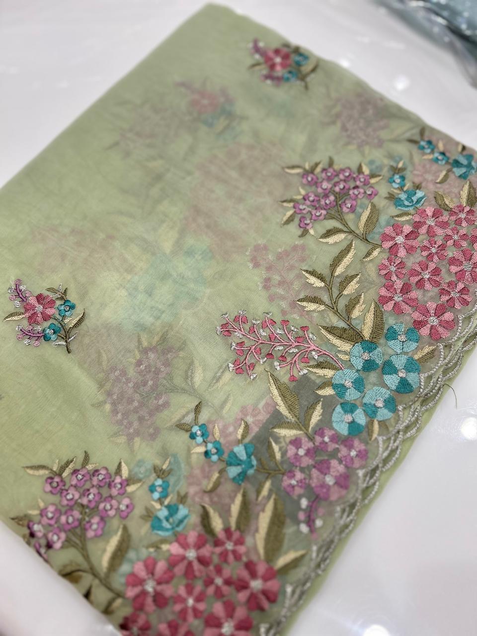 Satin organza Saree   -Green color Search code 9246