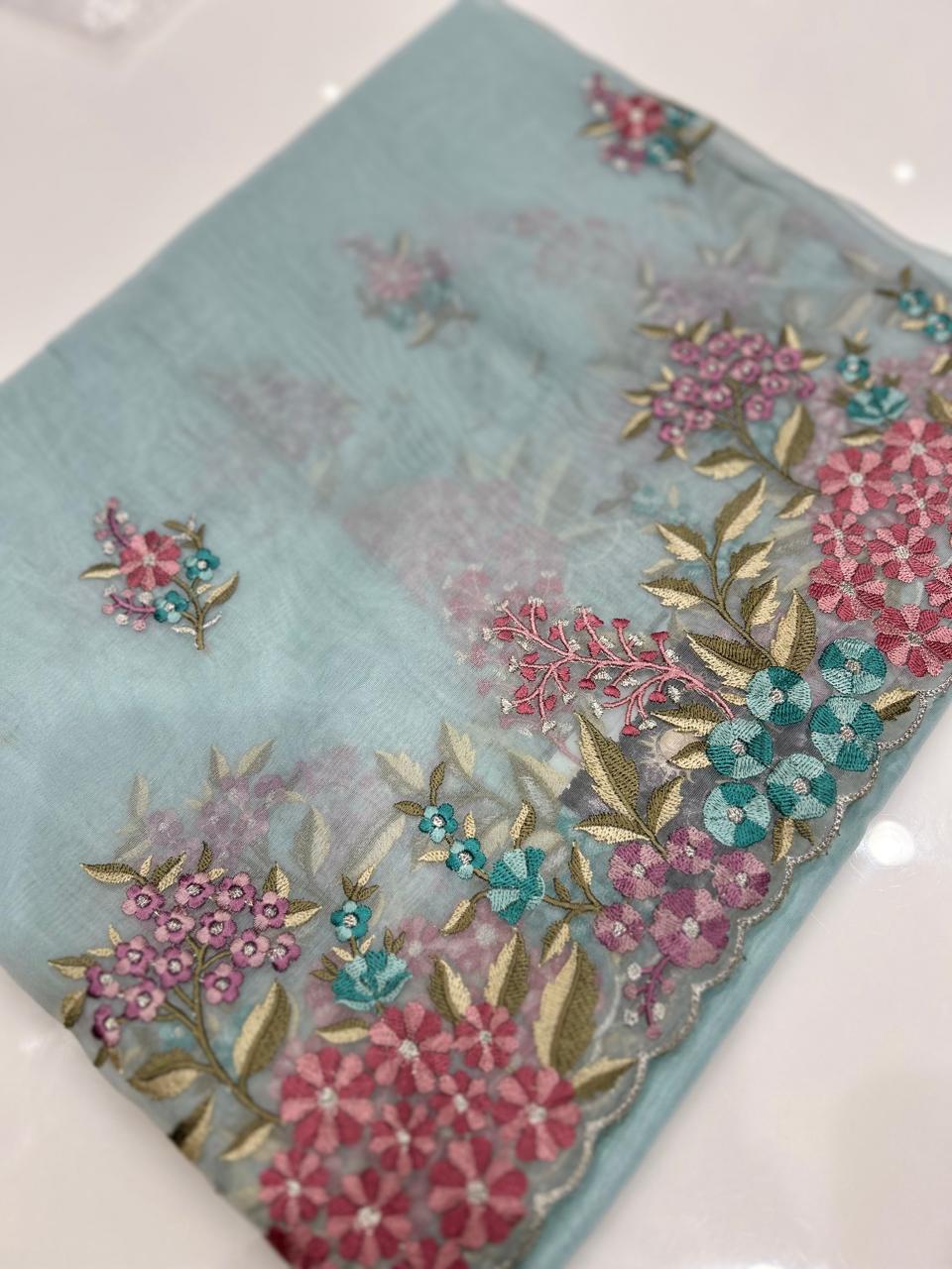 Satin organza Saree   -Blue color Search code 9247