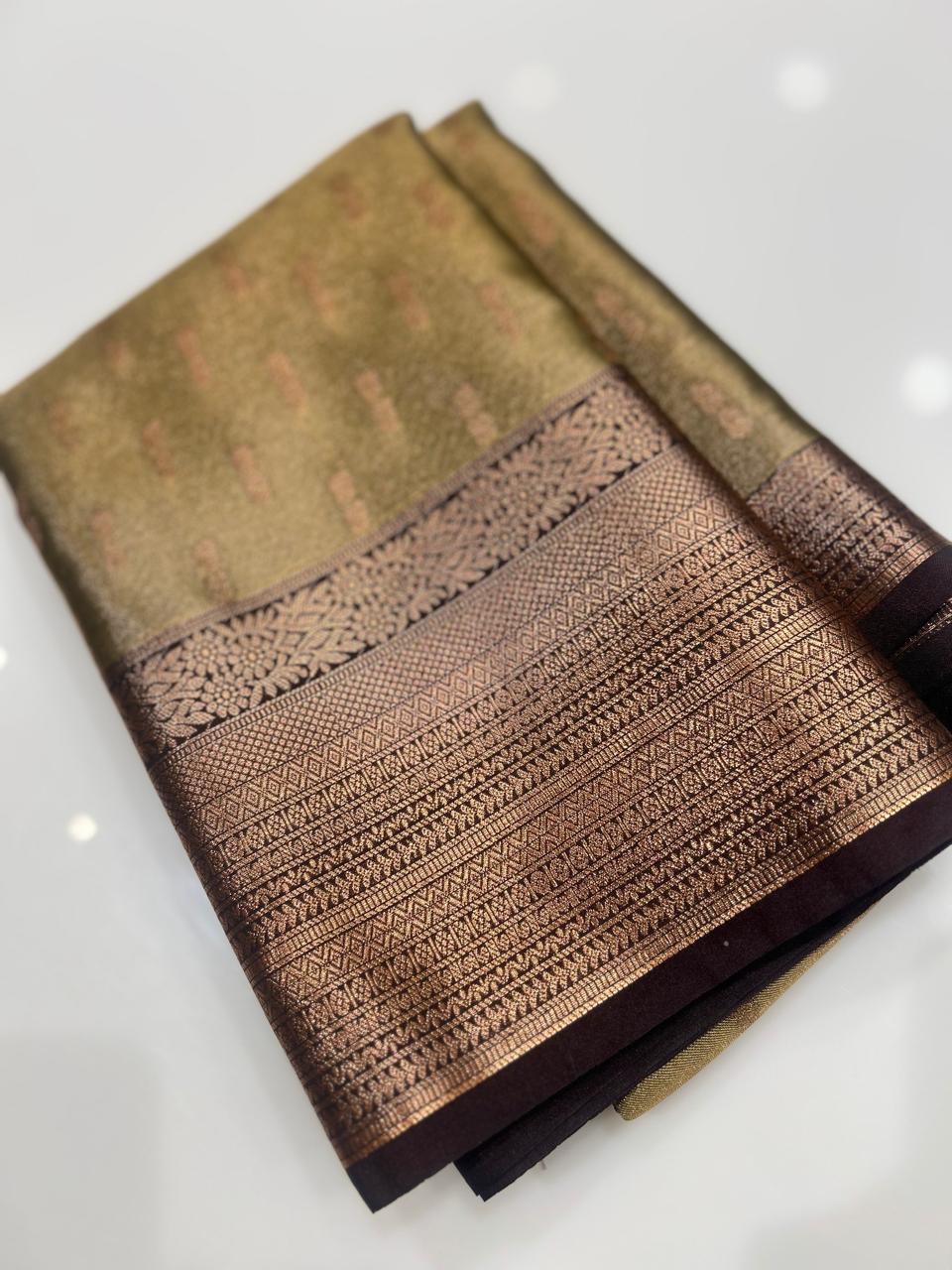 Semi Silk Saree -Green to brown    color Search code 1501