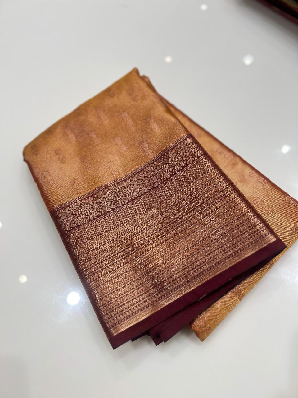 Semi Silk Saree -Yellow orange to Maroon   color Search code 1502