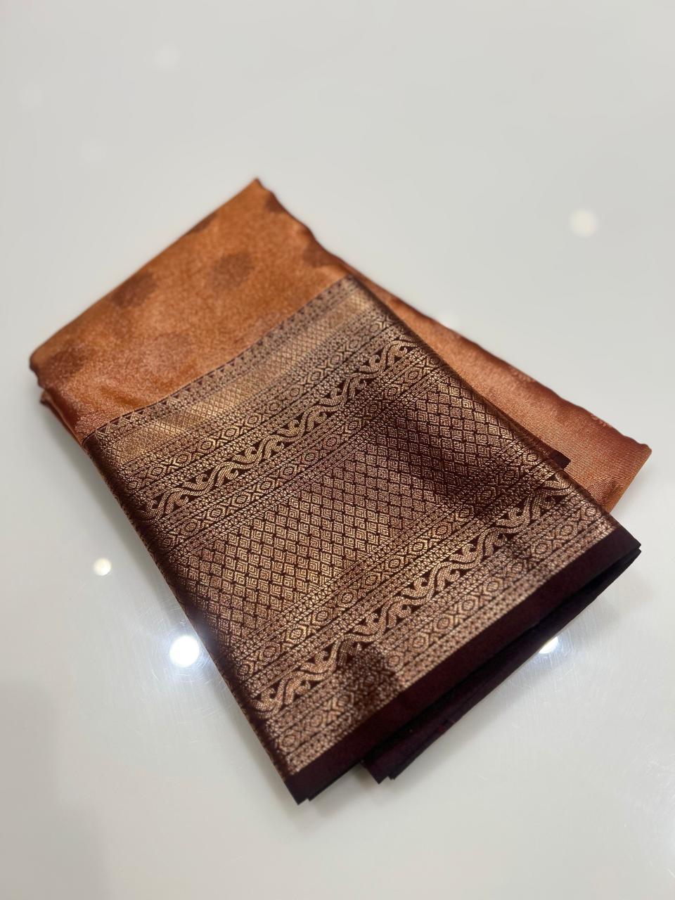 Semi Silk Saree - Dusty orange to Brown color Search code 1505