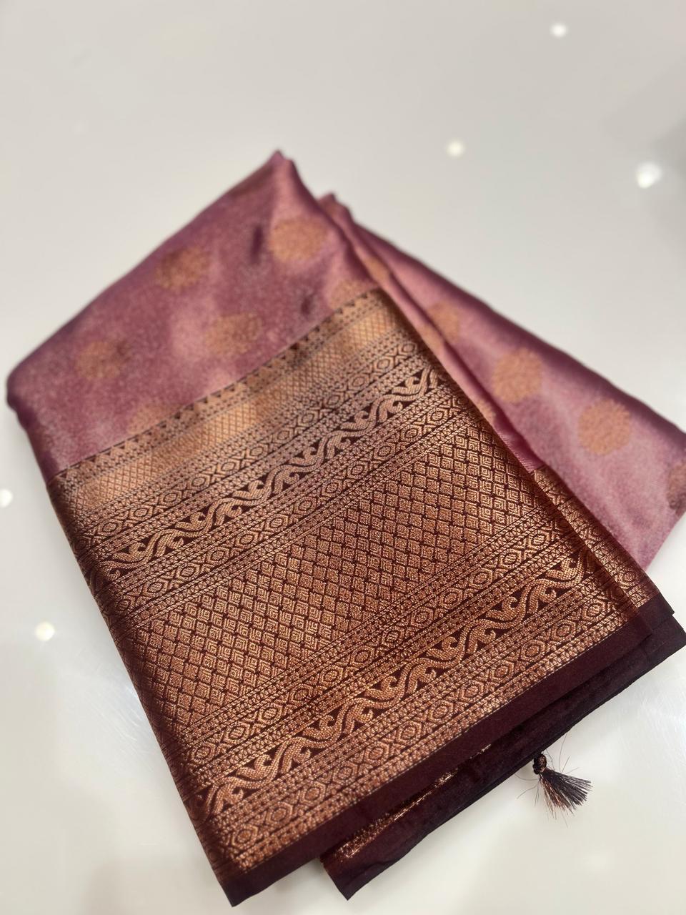 Semi Silk Saree - Lavender pink  to Brown color Search code 1507