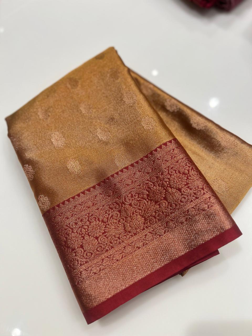 Semi Silk Saree - Yellow to Maroon color Search code 1514