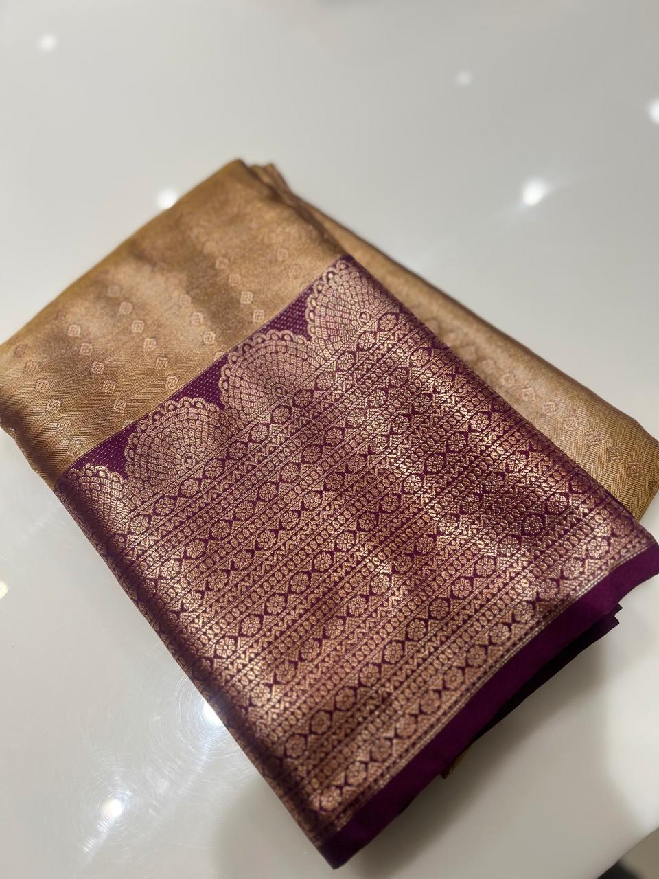 Semi Silk Saree -Lemon green to purple  color Search code 1517