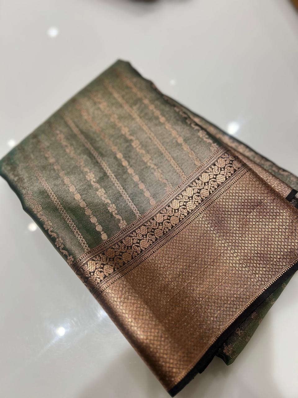 Semi Silk Saree -Green  to Brown  color Search code 1520