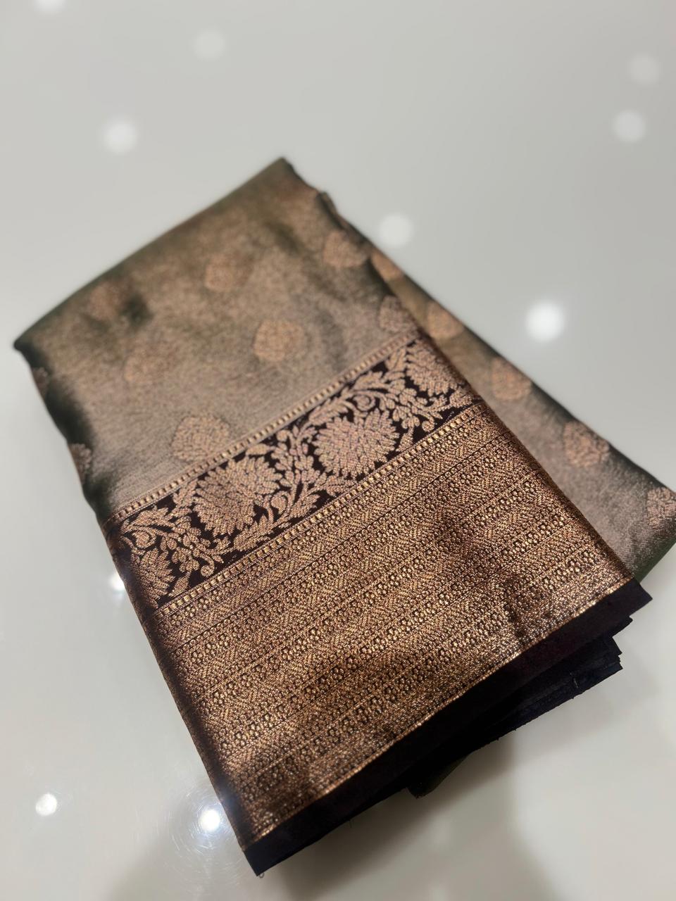 Semi Silk Saree -Green to brown color Search code 1525