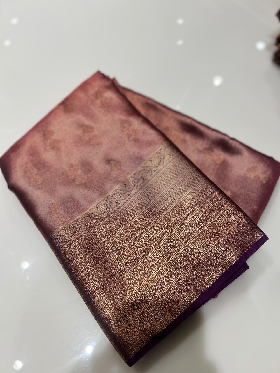 Semi Silk Saree -Metallic pink to brown  color Search code 1528