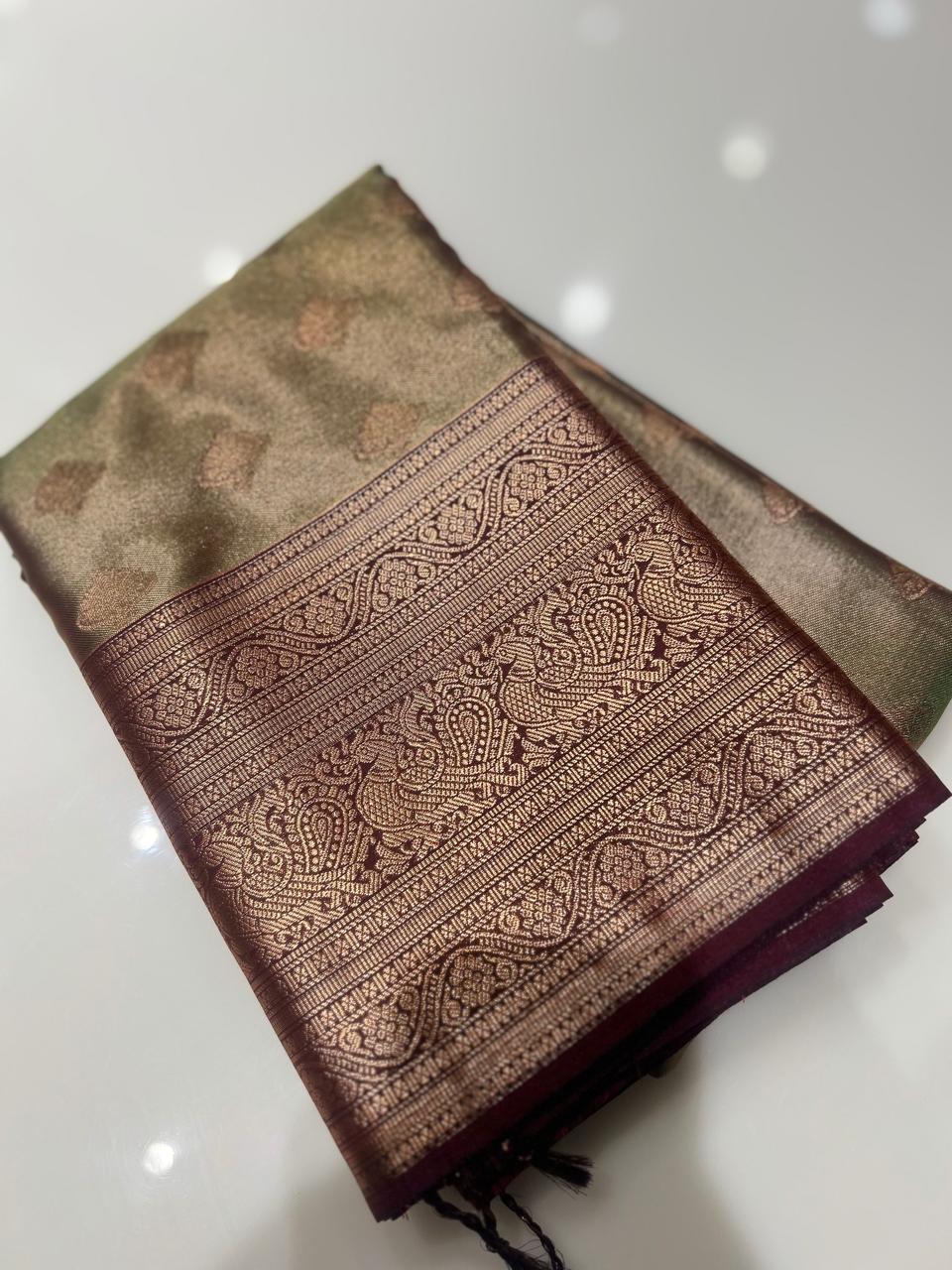 Semi Silk Saree -Olive Green to Maroon color Search code 1532