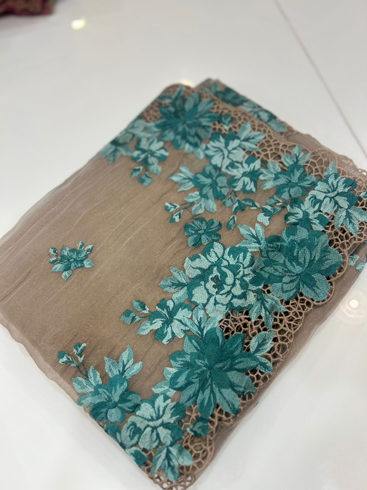 Buy ORGANZA SAREE -Chiku to blue color Search code 5001 Online