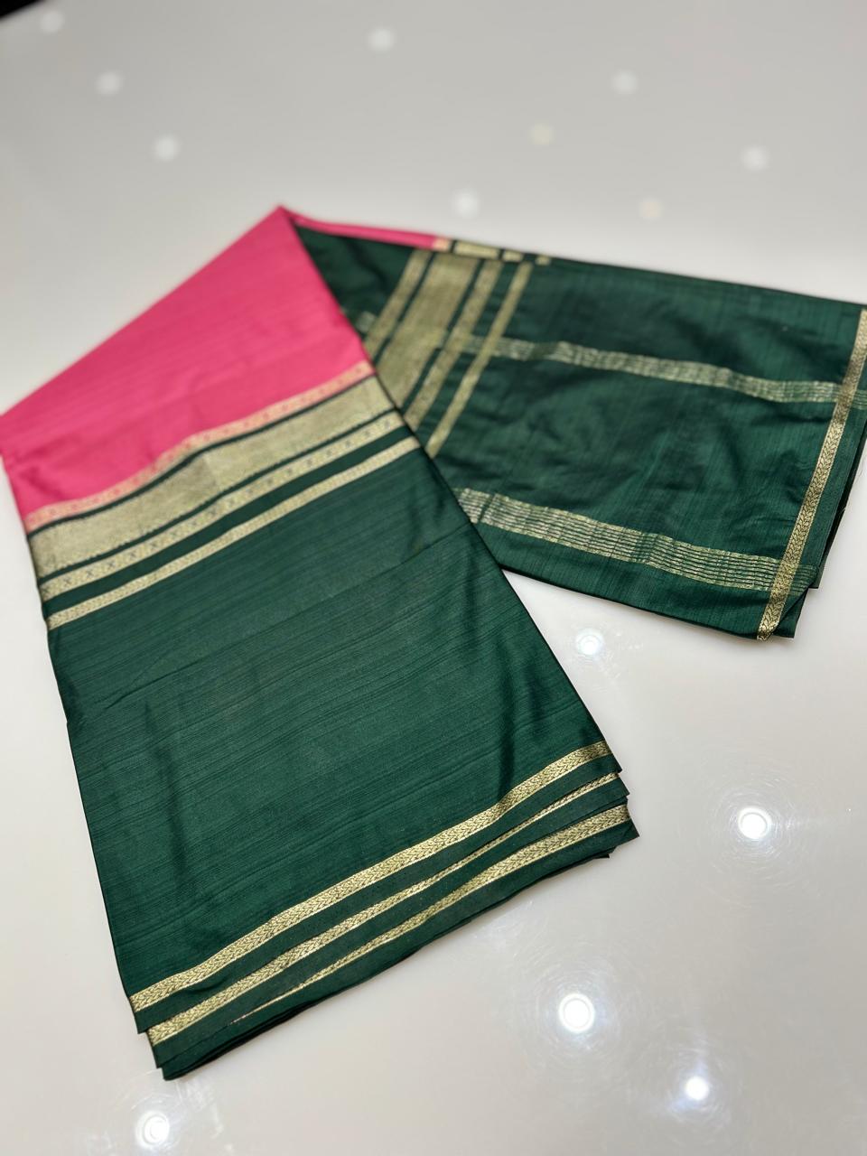 Semi  binny silk saree  - Pink to Green Search code 5562