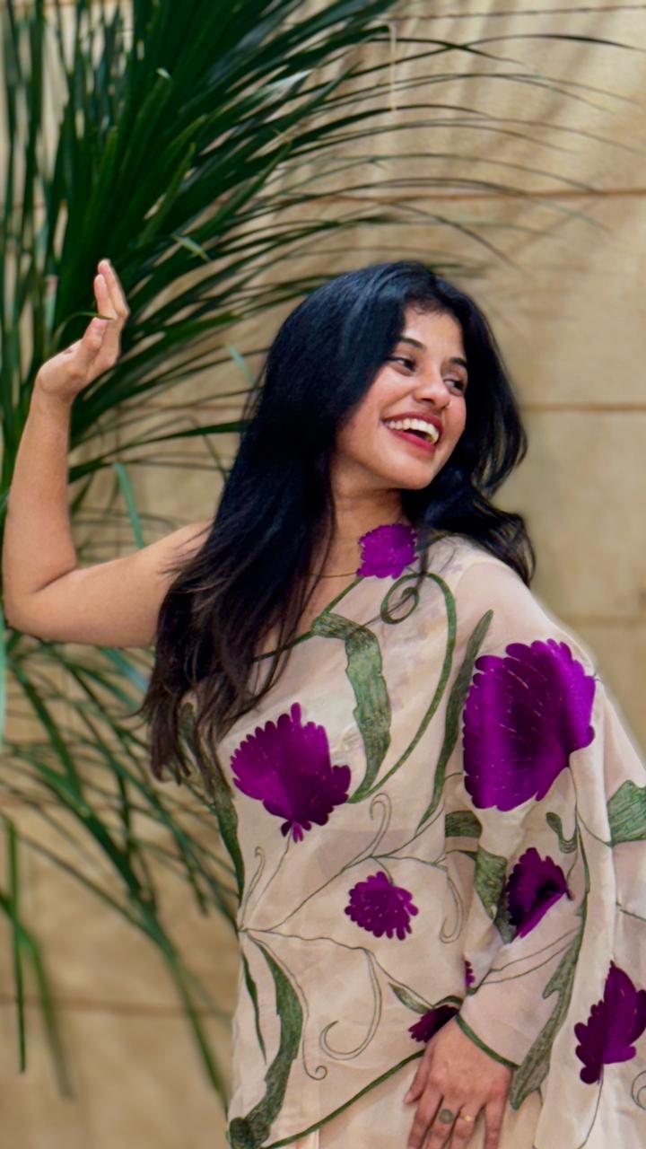 READY TO WEAR SAREEE-OFFWHITE AND PURPLE shade- search code -1115