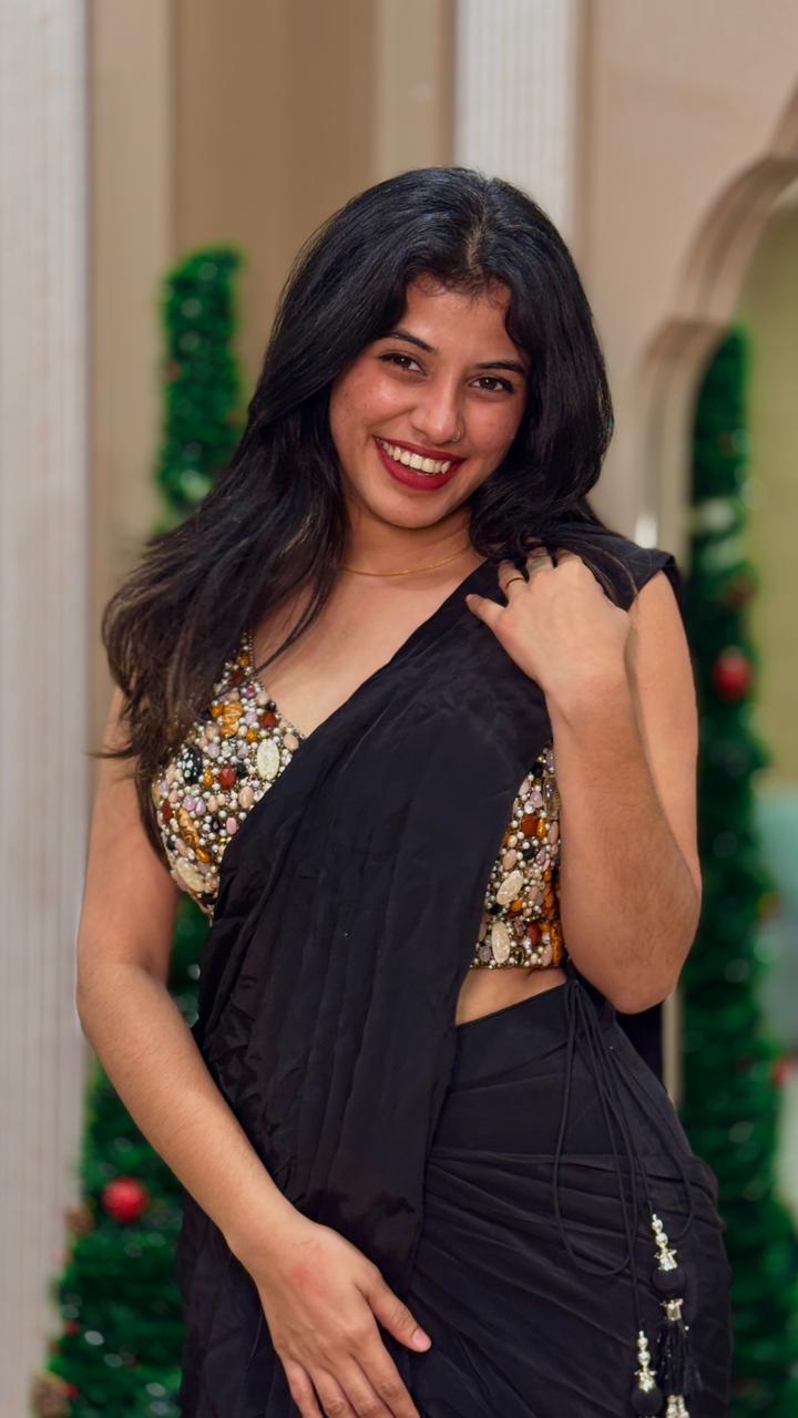 DRAPED SAREE - BLACK- search code -1111