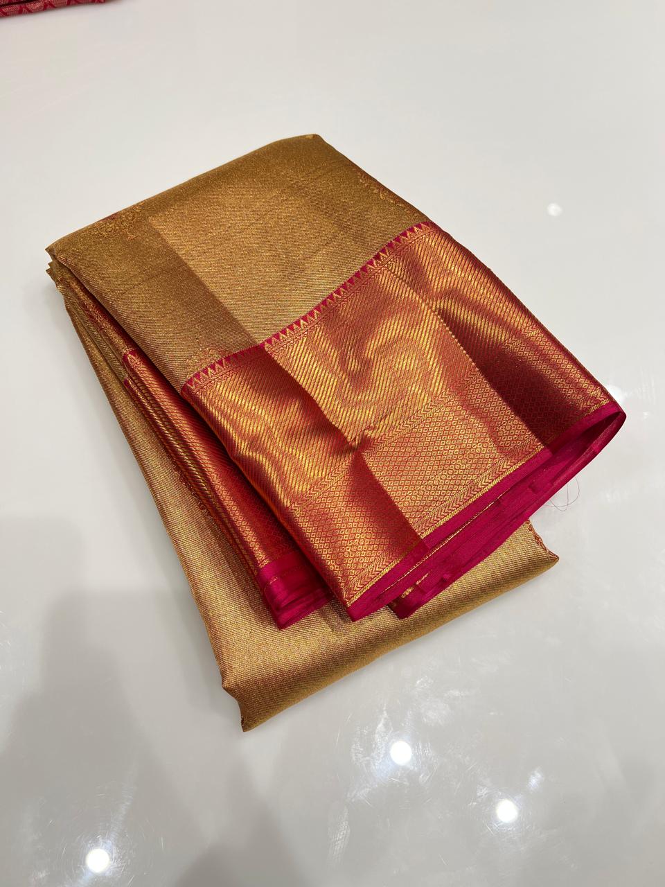 KANCHIPURAM SAREE -Golden and Pink  search code 2058