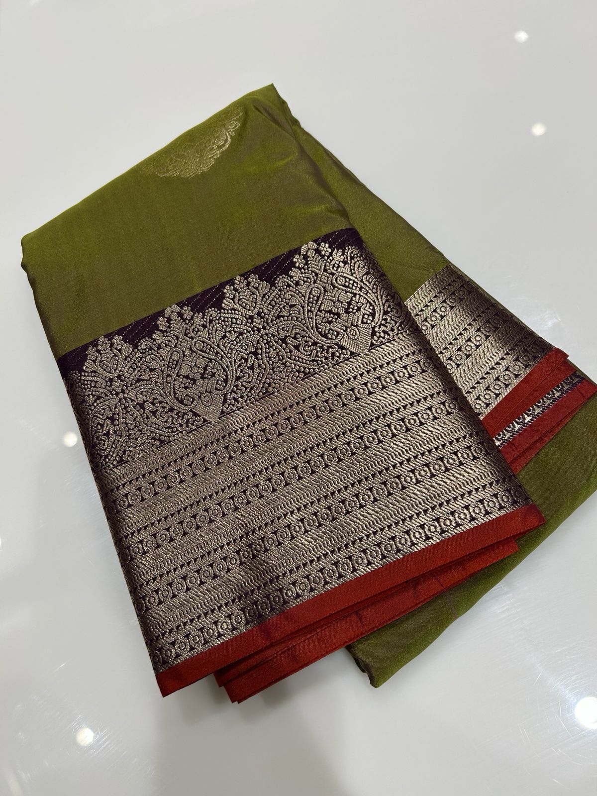 SEMI KANCHIPURAM SAREE- green to Coffee brown Search code 2060