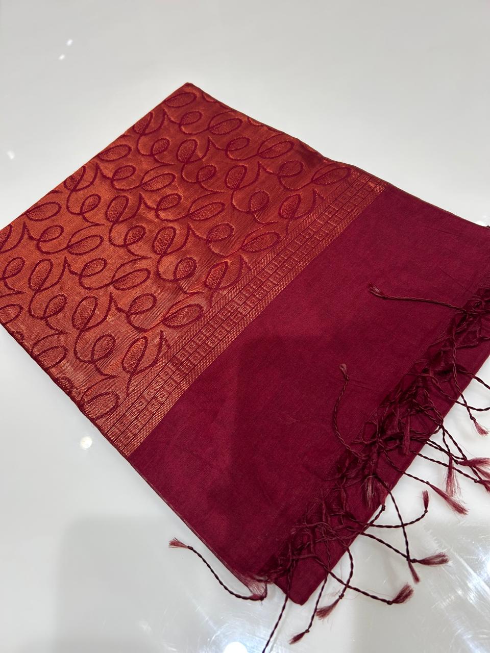 Cotton  Saree-Burgundy Search code 6004