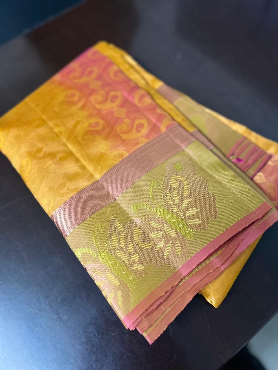 Kanchipuram Soft Silk Saree -Mango yellow to Green Search code 6555