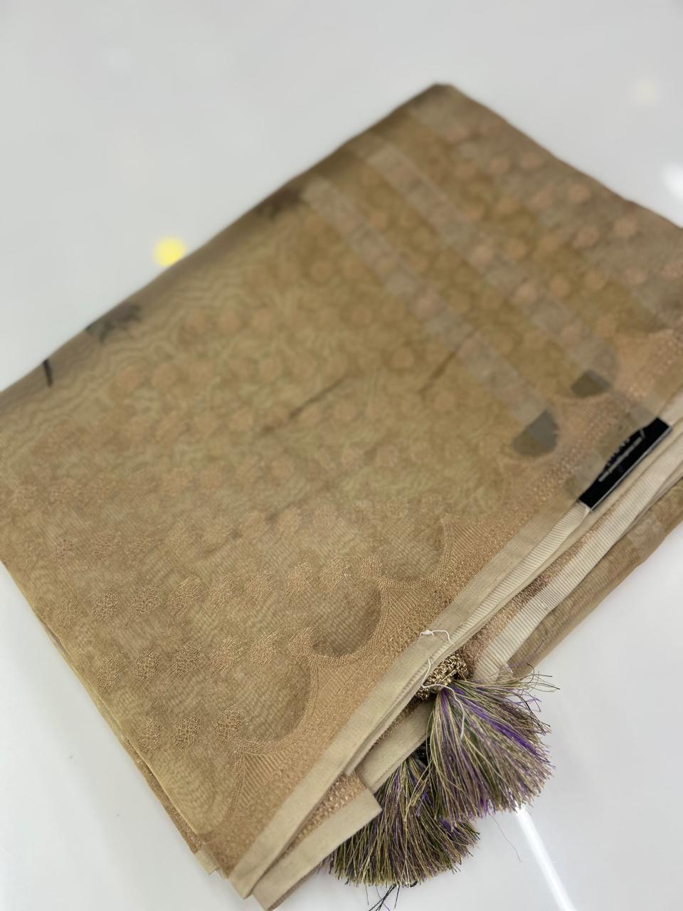 Tissue  Organza Saree- Golden shade Search code 8604