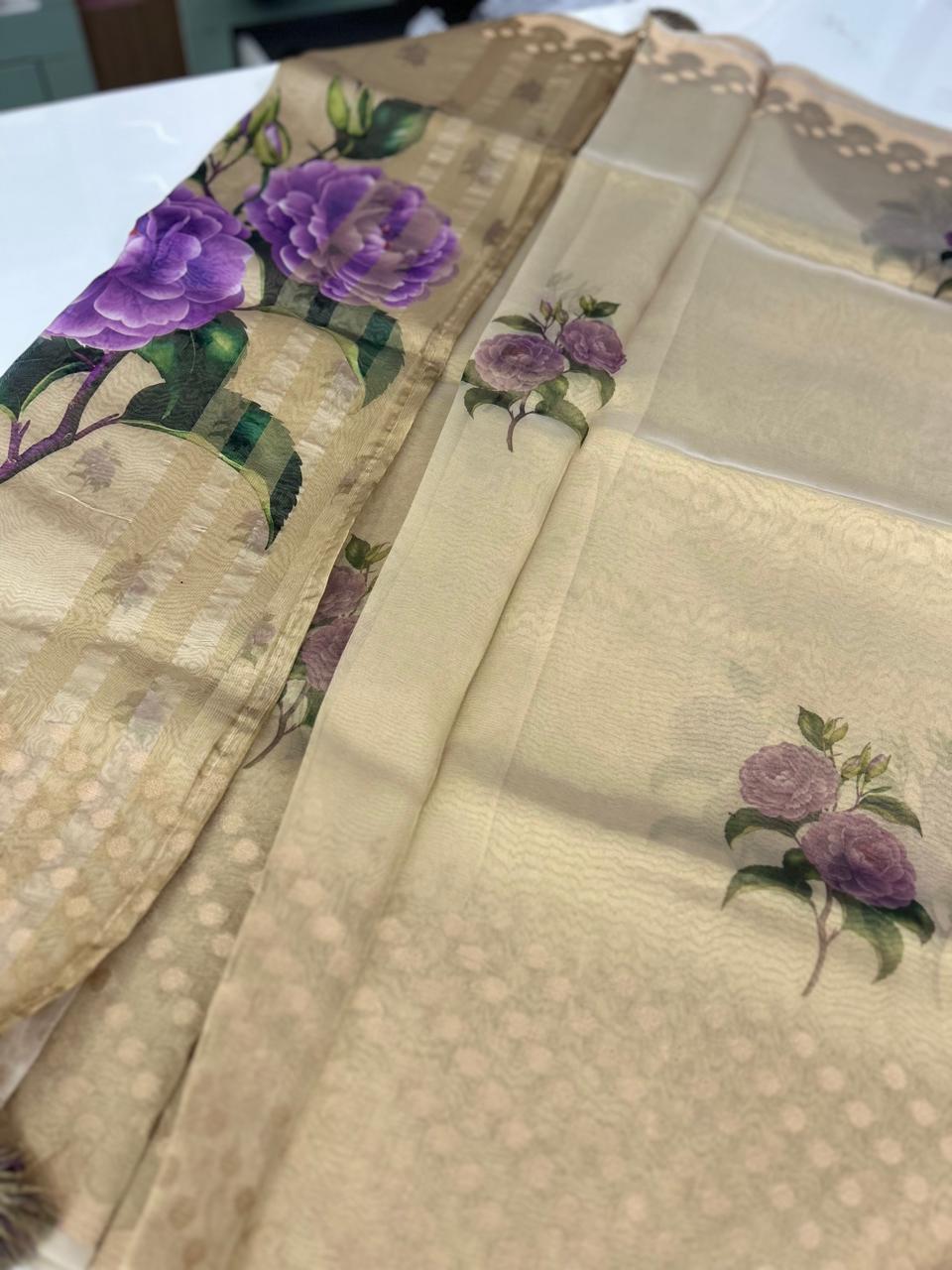 Tissue  Organza Saree- Golden shade Search code 8604