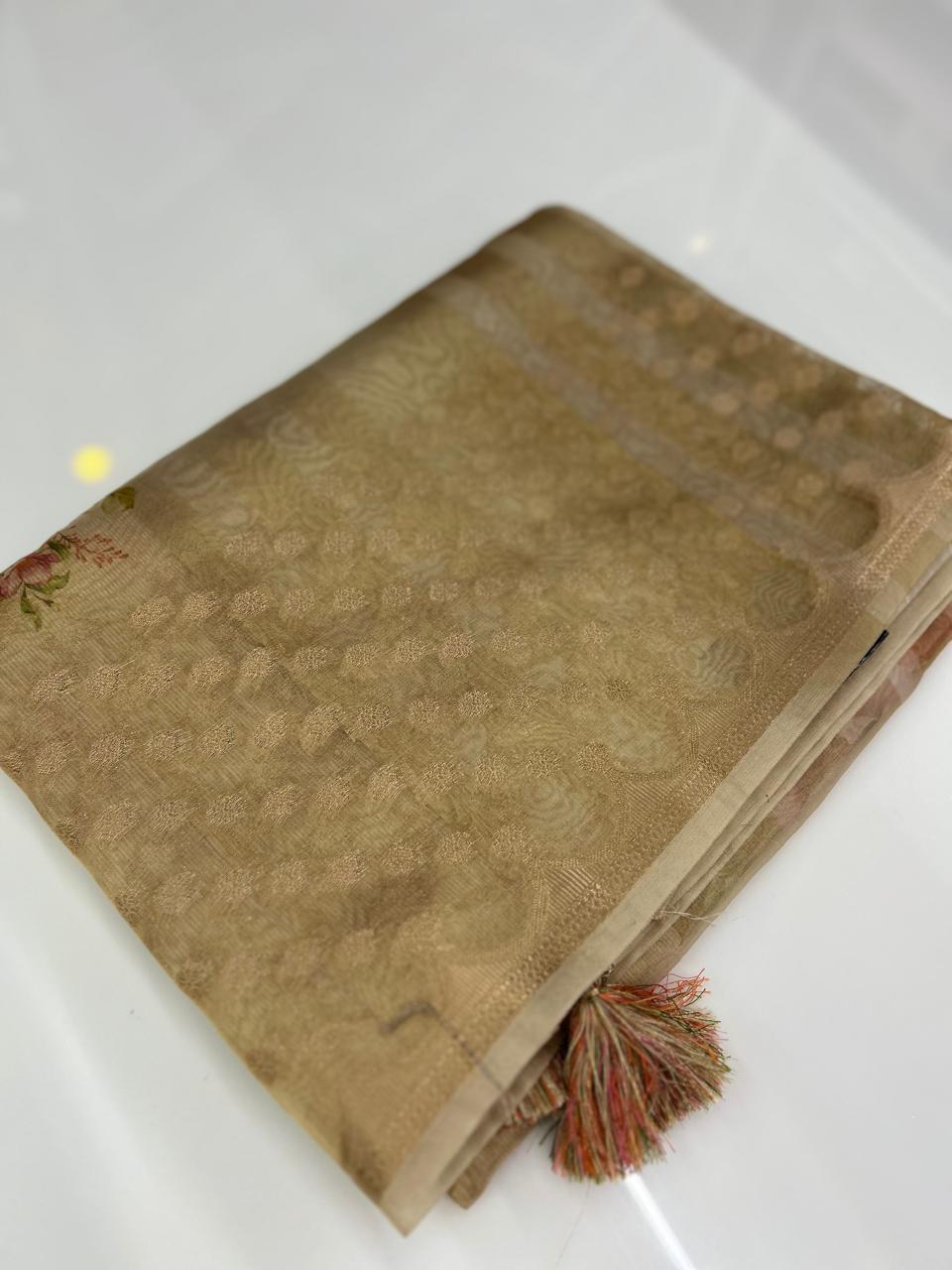 Tissue  Organza Saree- Golden shade Search code 8605