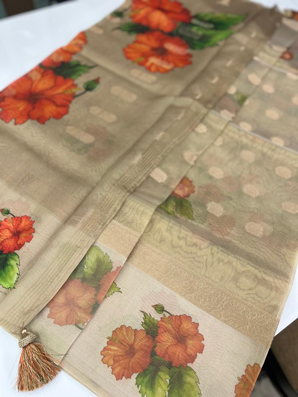 Tissue  Organza Saree- Golden shade Search code 8606