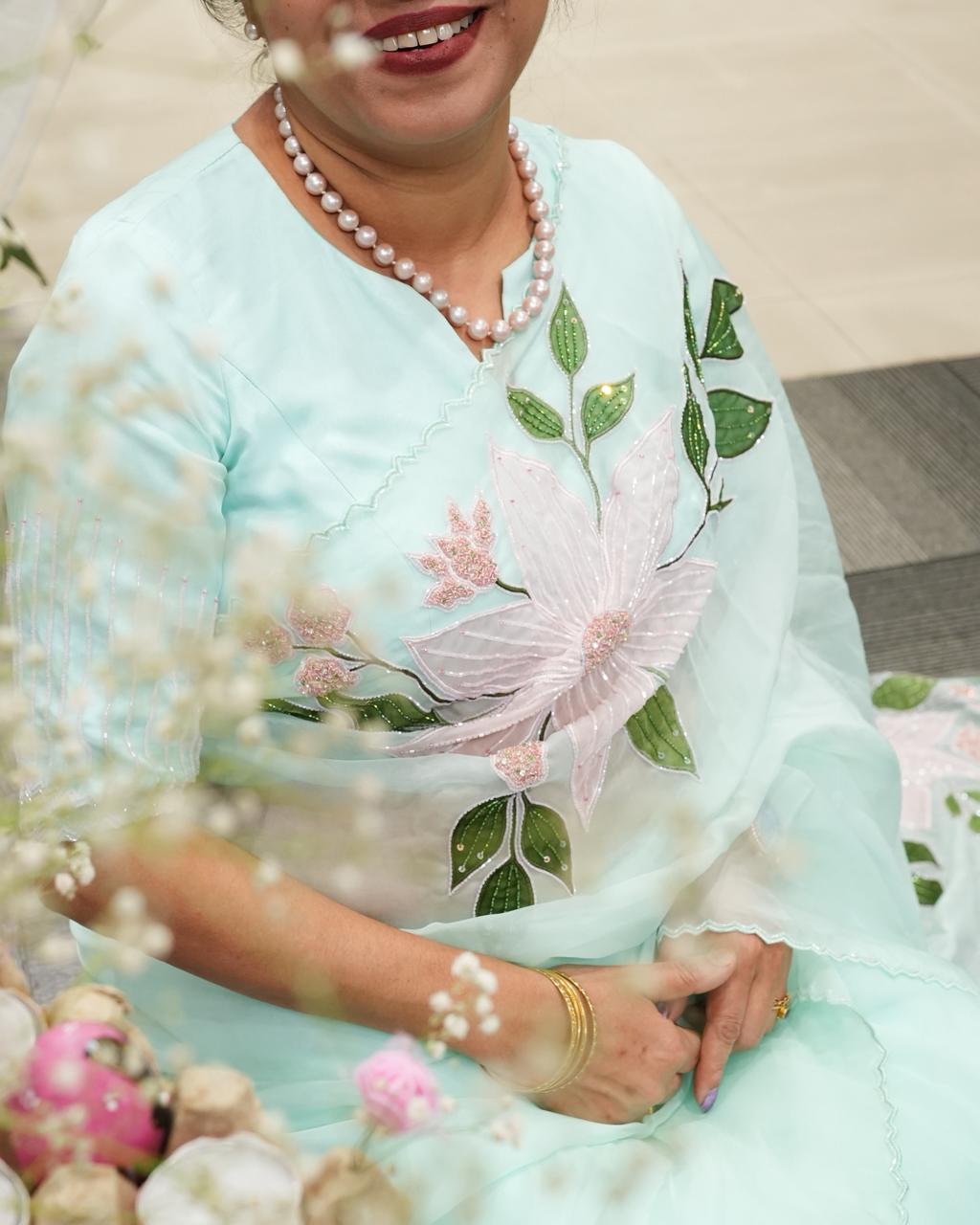 Organza Saree -Aqua blue  shade Search code 4000