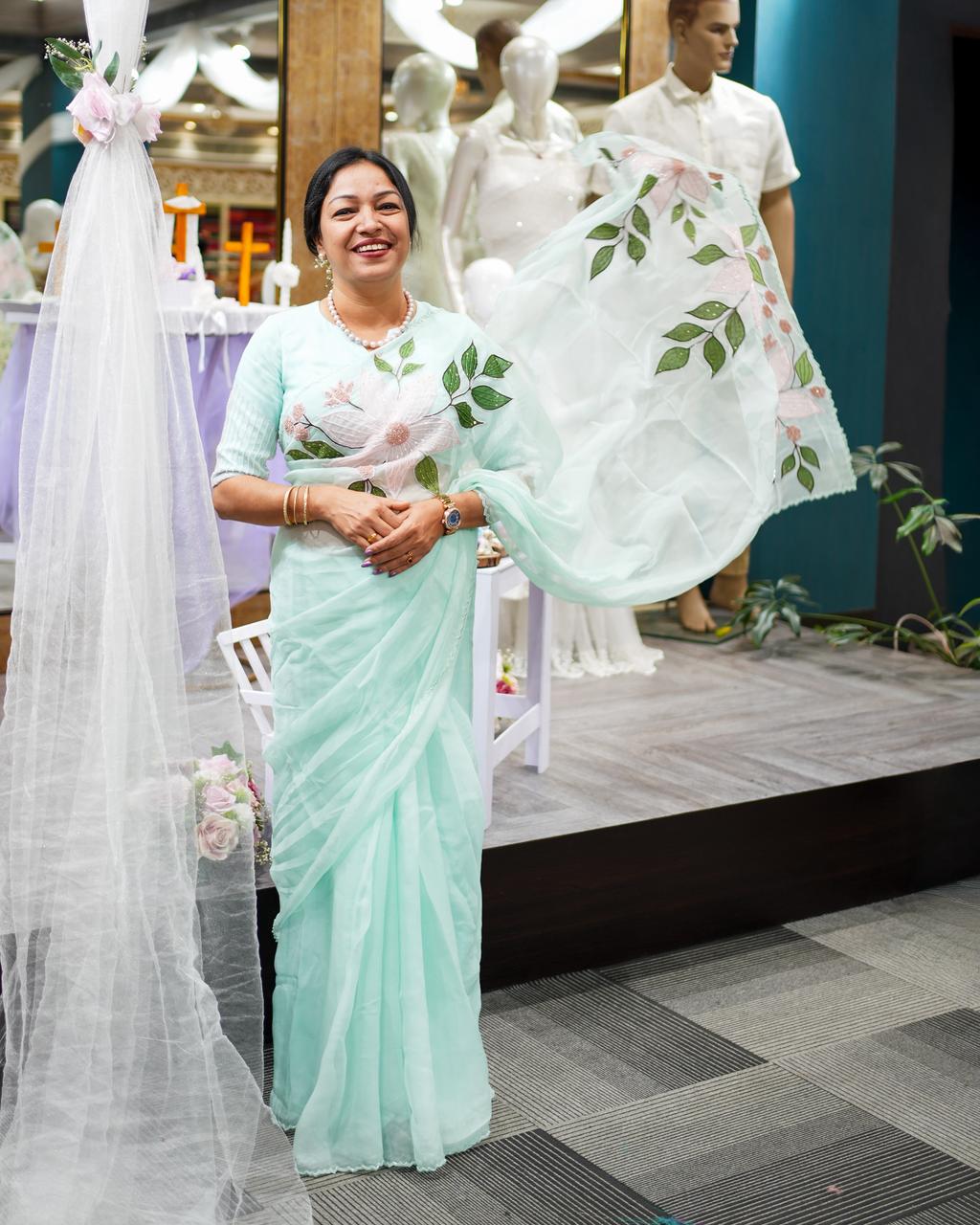 Organza Saree -Aqua blue  shade Search code 4000